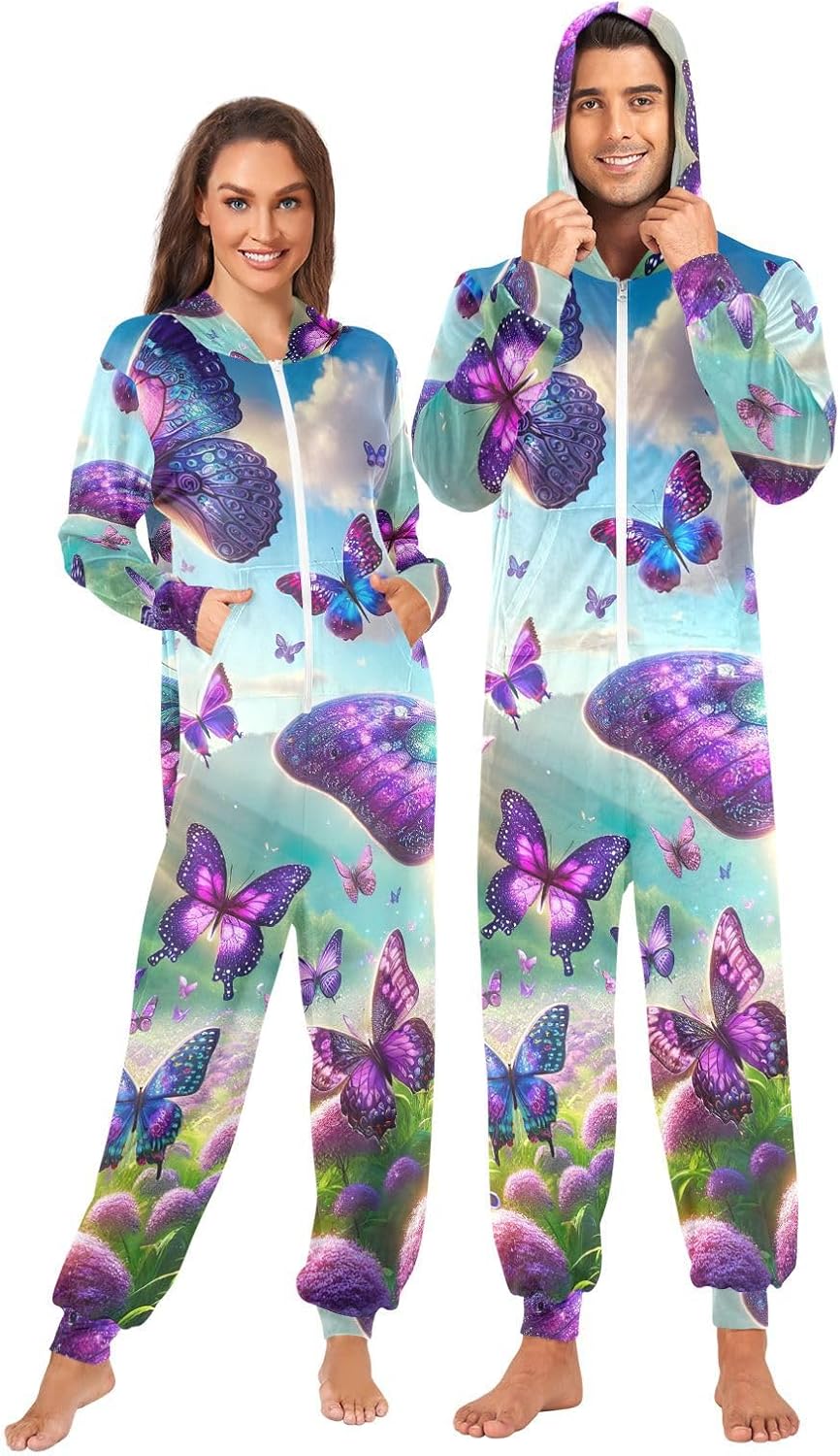 GAIREG Purple Butterflies Adult Womens Pajama Onesie, Plush Men Women Lounge Wear