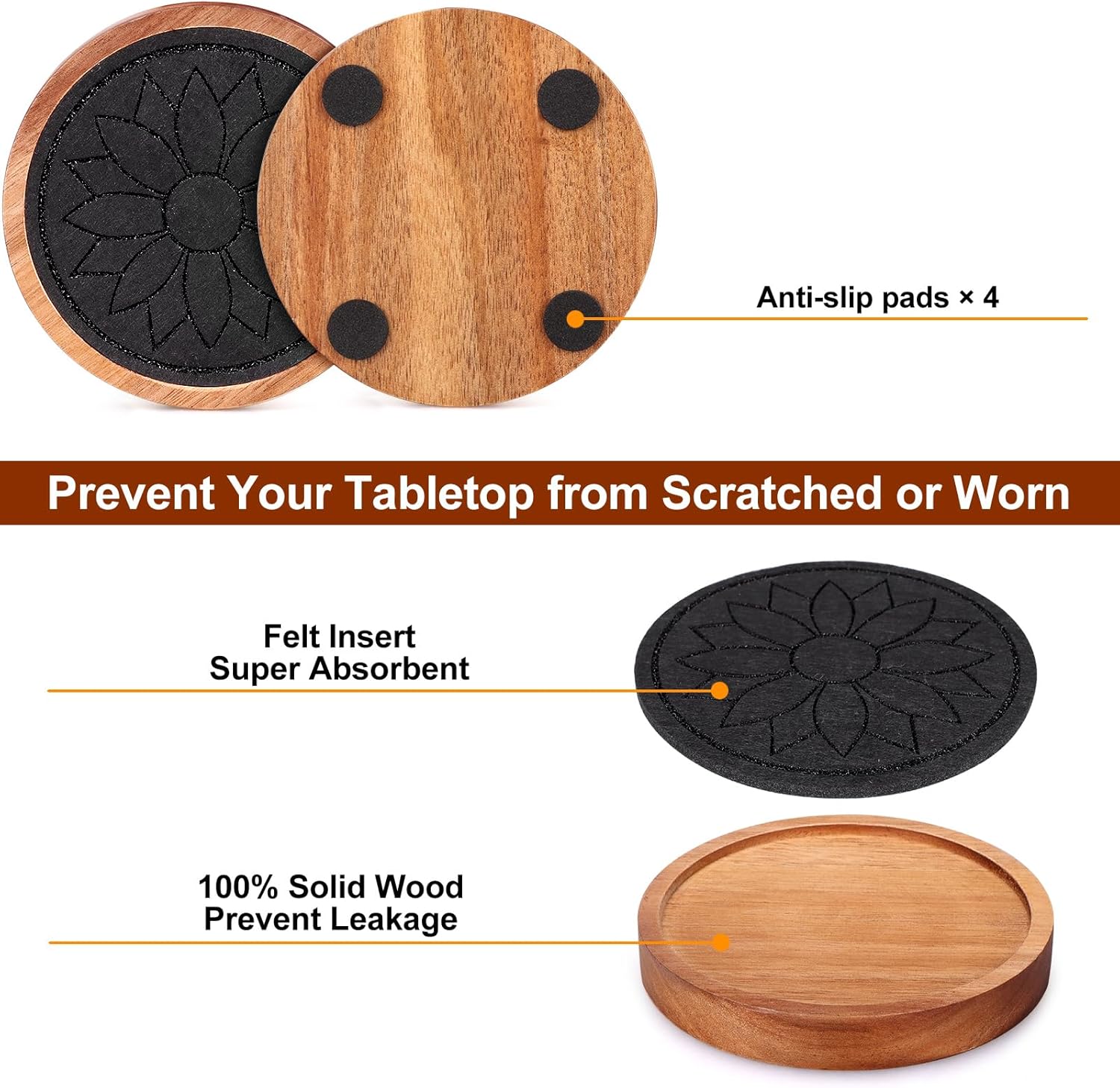 5 Pcs Best Wooden Coasters Non-Slip, Non-Stick, 4 Inches Black - Gtencemen Acacia Wood Coaster Set Absorbent Coasters for Drinks, Coffee Bar, Kinds of Cups, Rustic Farmhouse, Dining Room Table Decor - Image 6