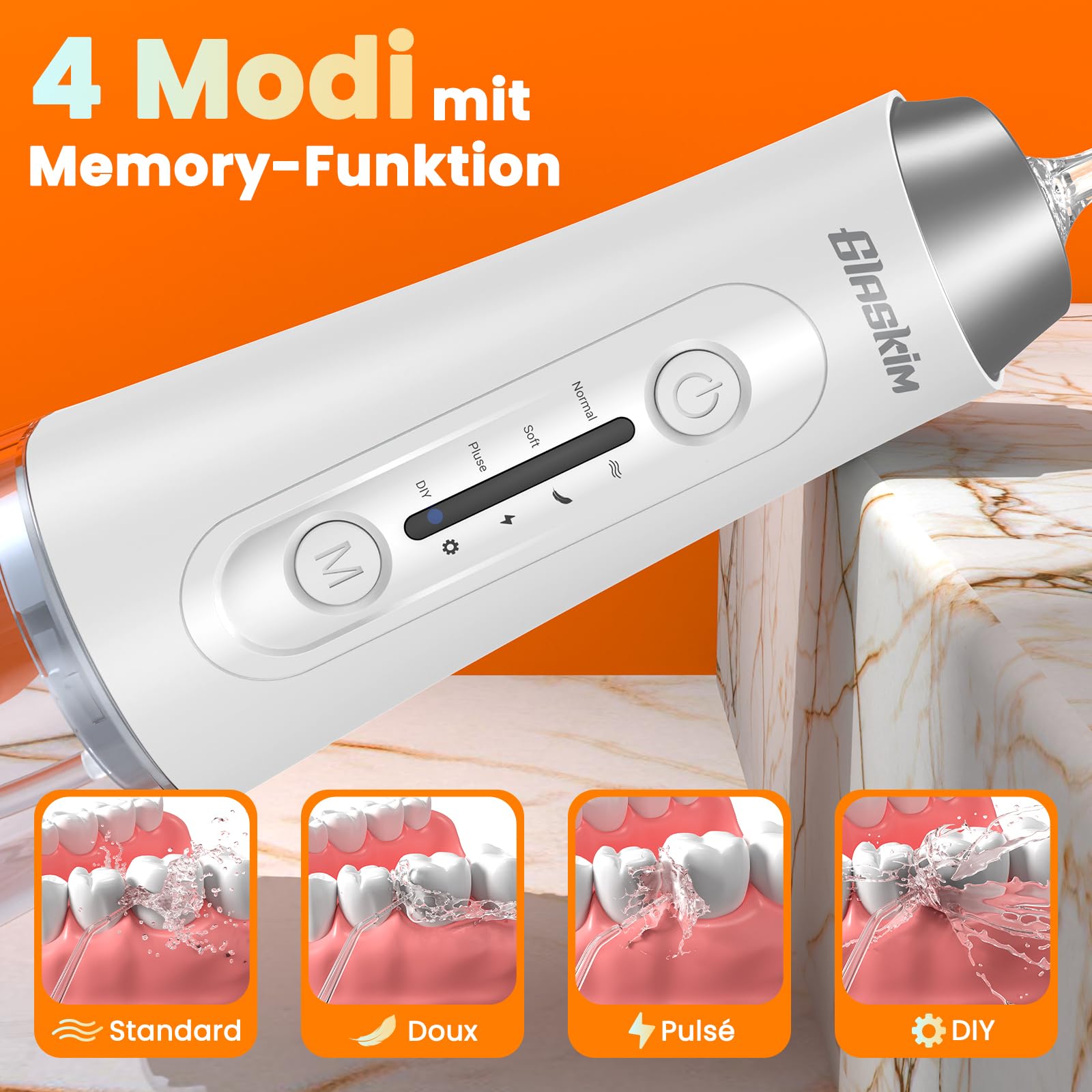 Jet Dentaire Hydropulseur Professionnel - 4 Modes de Nettoyage, Réservoir 320ML Grande Capacité, 8 Buses Interchangeables, USB Charge Rapide, IPX7 Étanche, Portable pour Maison & Voyage Blanc