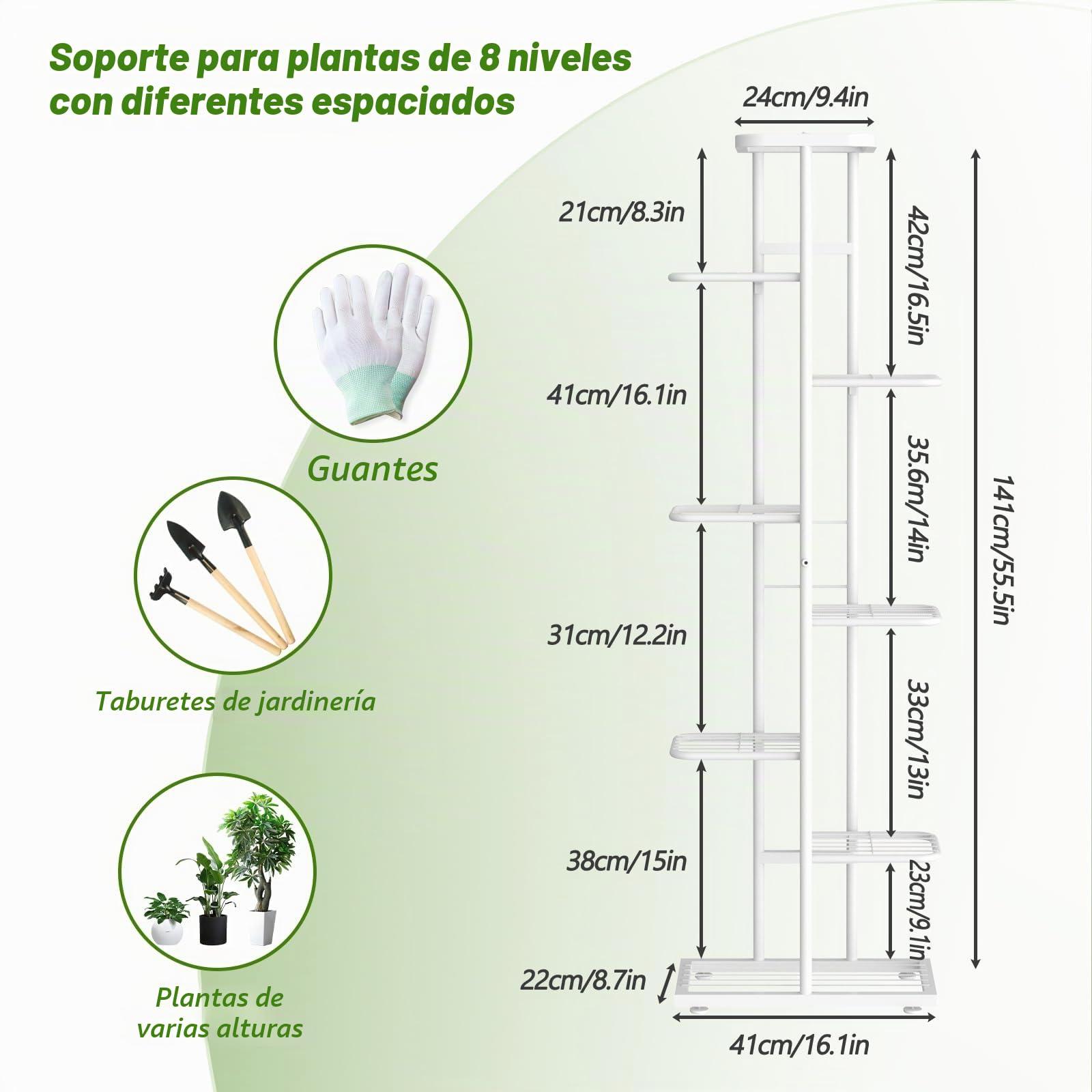 8 Niveles Soporte para Plantas de Interior con Herramientas de Jardinería y Guantes, 141cm Esquinero Estanteria para Plantas de Metal Soporte para Exterior Alto Macetero Patio Balcón, Blanco