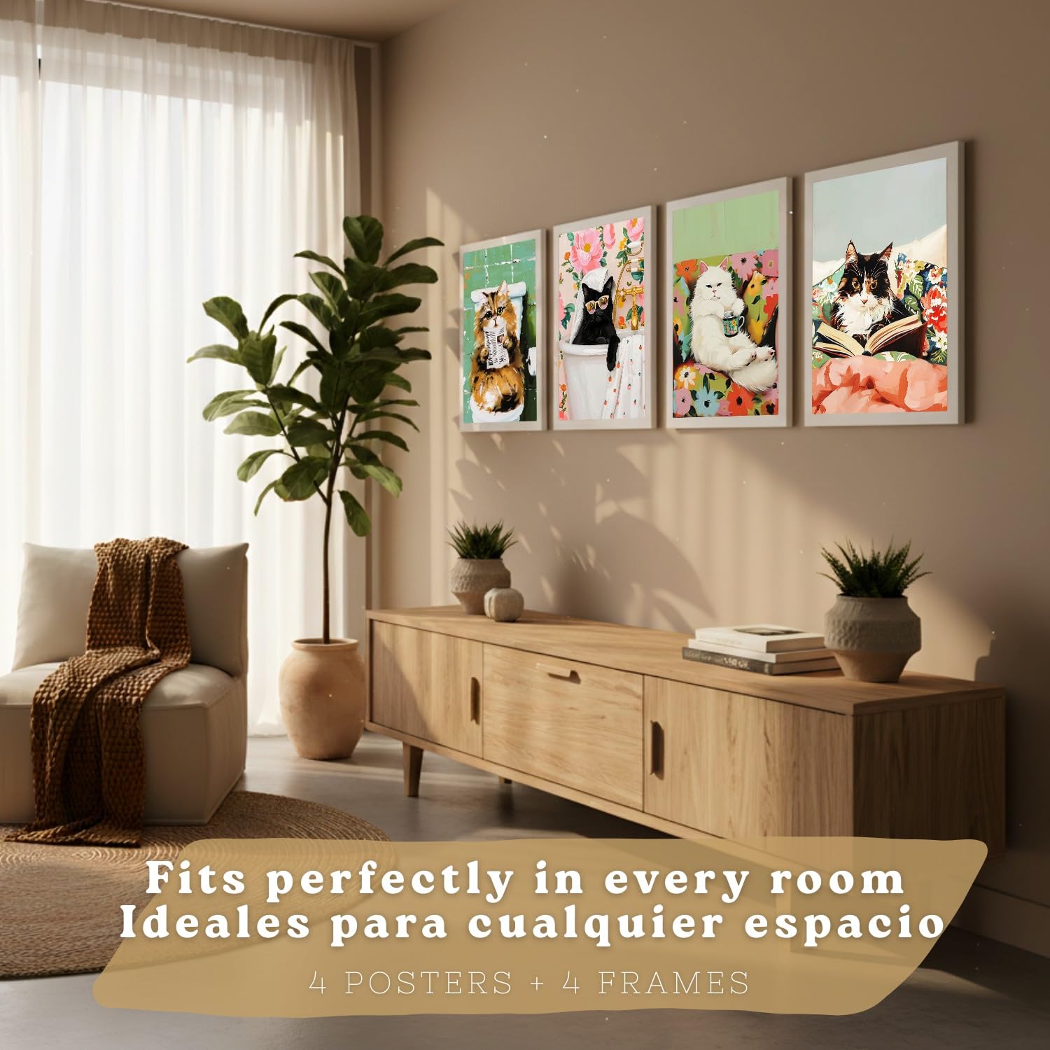 Nacnic Set De 4 Laminas Decorativas Gatos Divertidos Cuadros Salon Modernos - Posters Decorativos Animales Decoración Dormitorios Cocina Baño A3 Marco Blanco