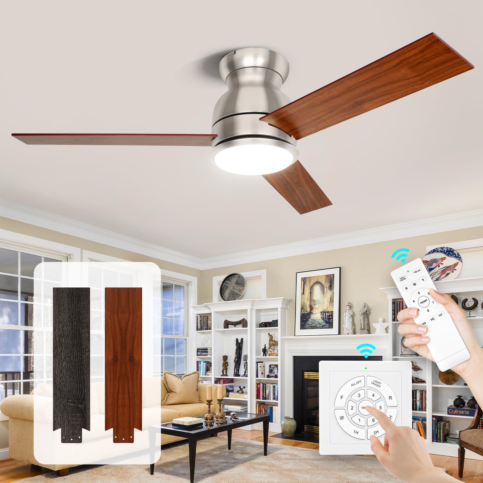 52 Inch Brushed Nickel Ceiling Fan with Light and Remote Flush Mount Hugger Ceiling Fan 3 Dual Finish Blades 6 Speeds Reversible DC Motor LED Ceiling Fan with Light for Living Room Bedroom