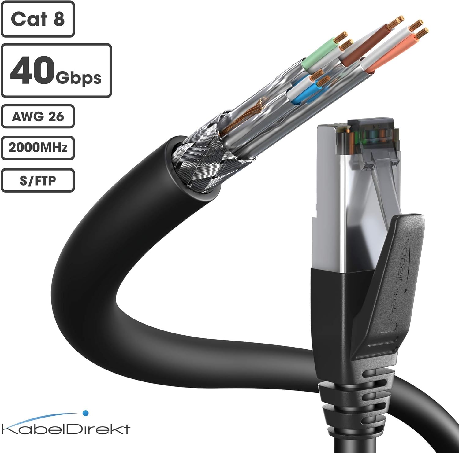 CAT8 Ethernet Cable – 50ft – Internet, Patch & Network Cable with Break-Proof Design & Lightning-Fast bit Rates of 40Gbps (CAT8.1, Ideal for Gaming/PS5/Xbox/Switch, RJ45 Plug, Black) – by CableDirect