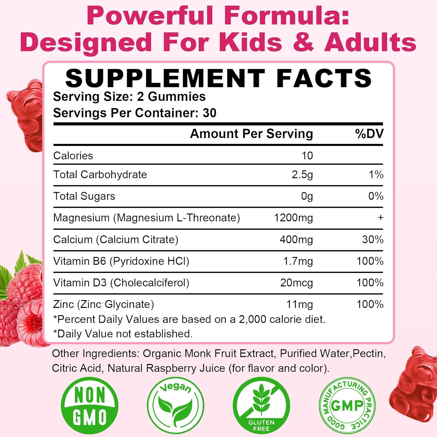 2 Pack Magnesium L-Threonate Gummies, Magnesium Threonate Supplement for Kids & Adults, Support Cognitive Function, Brain & Nerves Health, Relaxation, Zzz, Raspberry Flavor, 120 Count