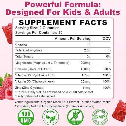 Miniatura 5 de Paquete de 2 gomitas L-treonato de magnesio de 1000 mg de magnesio, suplemento de treonato de magnesio para niños y adultos, apoya la función