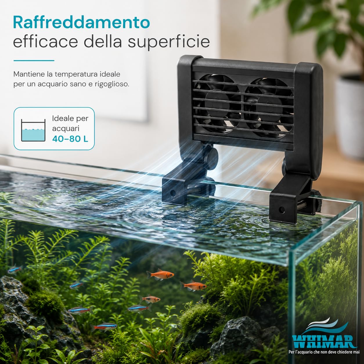 Whimar MultiFan 2 Ventola di Raffreddamento per Acquario, 2 Ventole 12V, Basso Consumo 1,9W, Silenziosa <40 Db, per Acquari 40-80 Litri, Supporto Regolabile per Vetro Fino a 20 mm