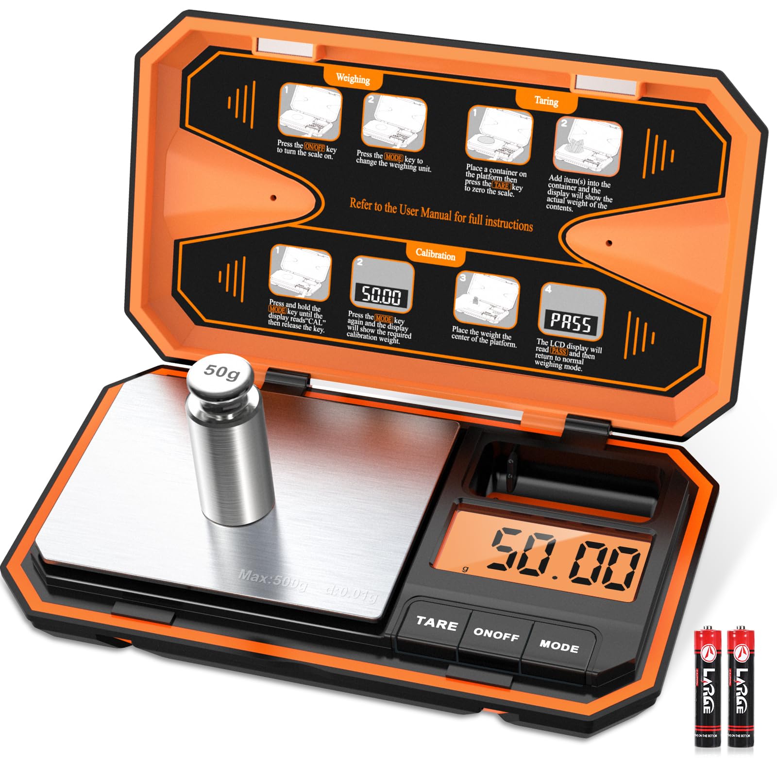 ORIA Digital Pocket Scale, 500g/0.01g Mini Kitchen Jewellery Scale with 50g Calibration Weight, 6 Units, Tare Function, Backlit LCD, Batteries Included, Orange