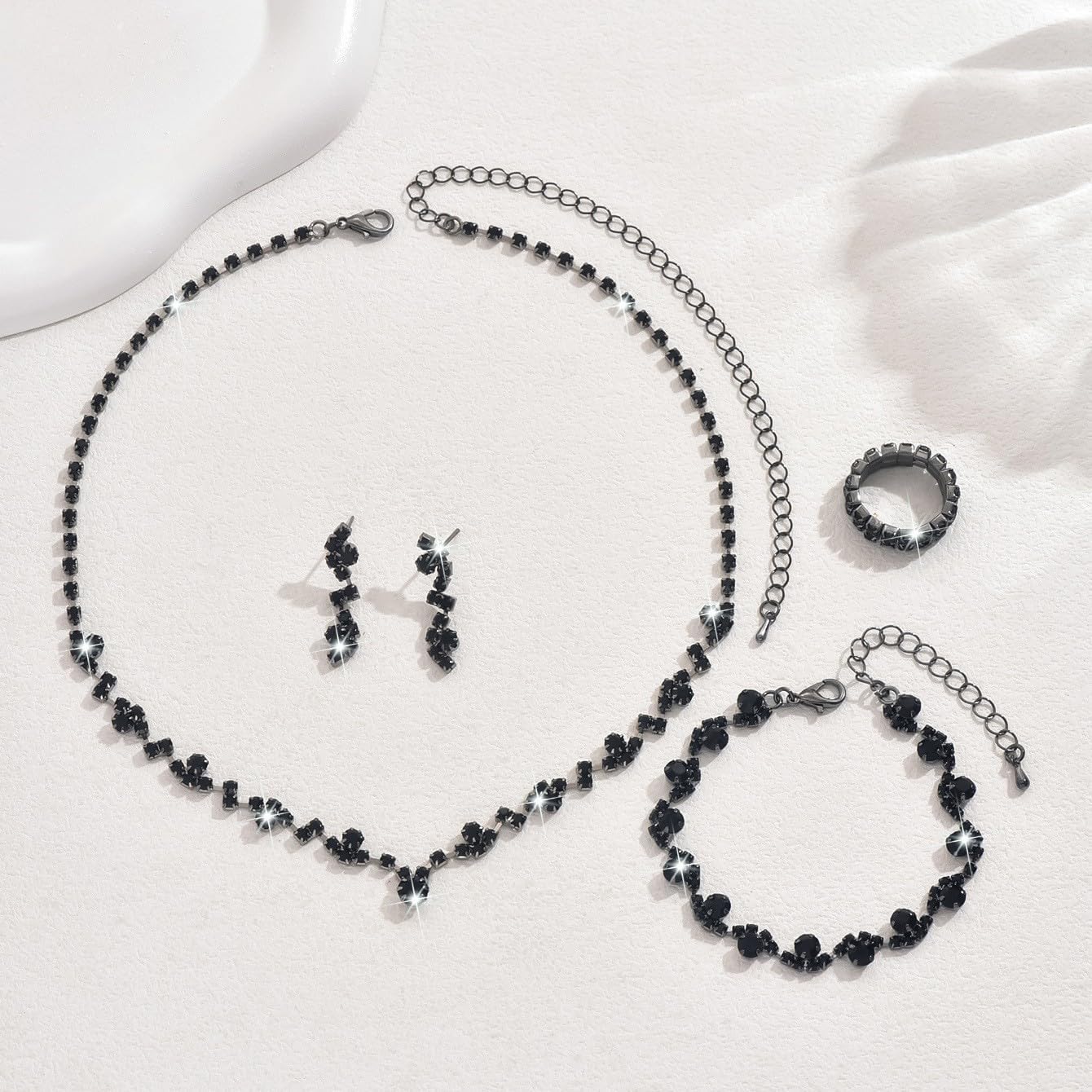 Crystal Rhinestone Jewelry Set with Necklace, Bracelet and Rings, Sparkly Wedding Accessories Party Prom Earrings Jewelry for Women - Image 6