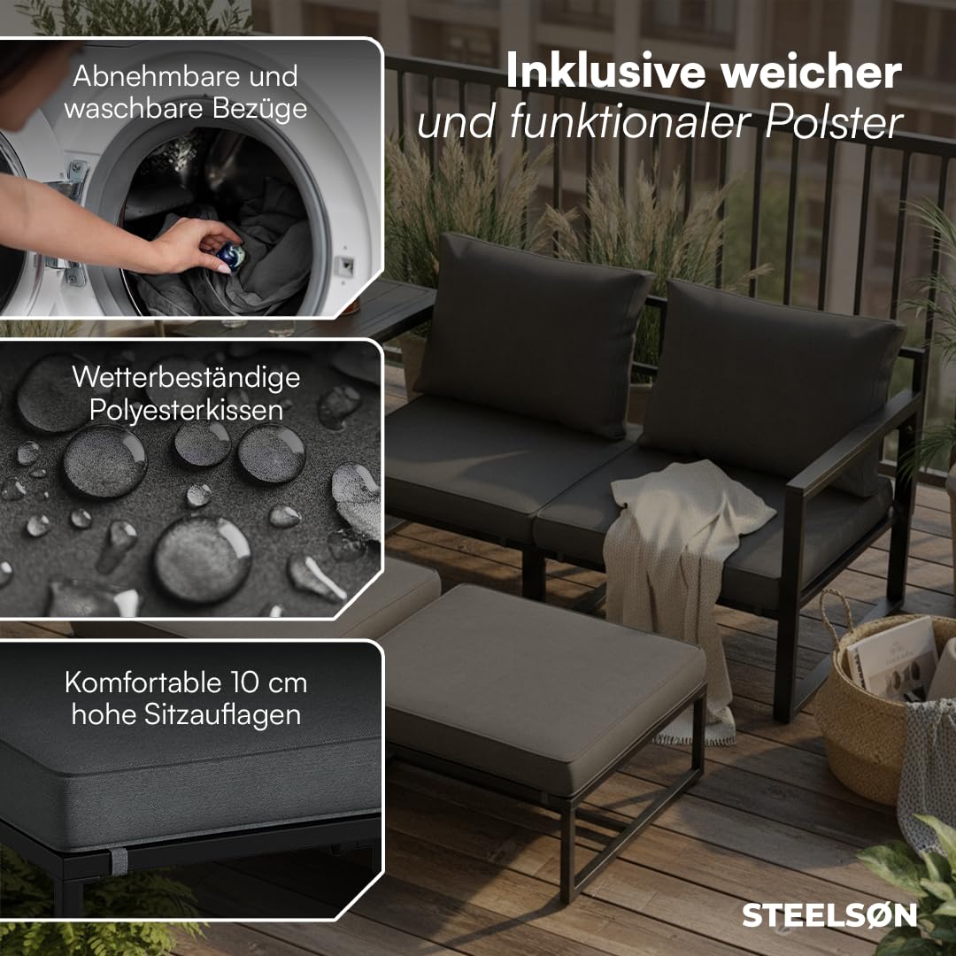 STEELSØN Asteri Sitzgruppe 5-teilig – Gartenmöbel Set mit 2 Sessel, 2 Hocker, 1 Tisch – Balkonlounge Metallgestell Schwarz – inkl. Sitzpolster anthrazit – Terrassenlounge für 2-4 Personen – wetterfest