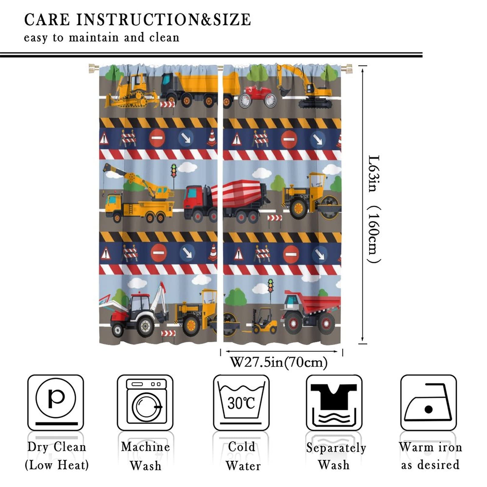 INSFBRB Boys Kids Construction Rod Pocket Blackout Curtains,Thermal Insulated Room Darkening Cartoon Colorful Cars Excavator Bulldozer Tractor Truck Airplane Window Treatment,2 Panels 63L x 27.5W