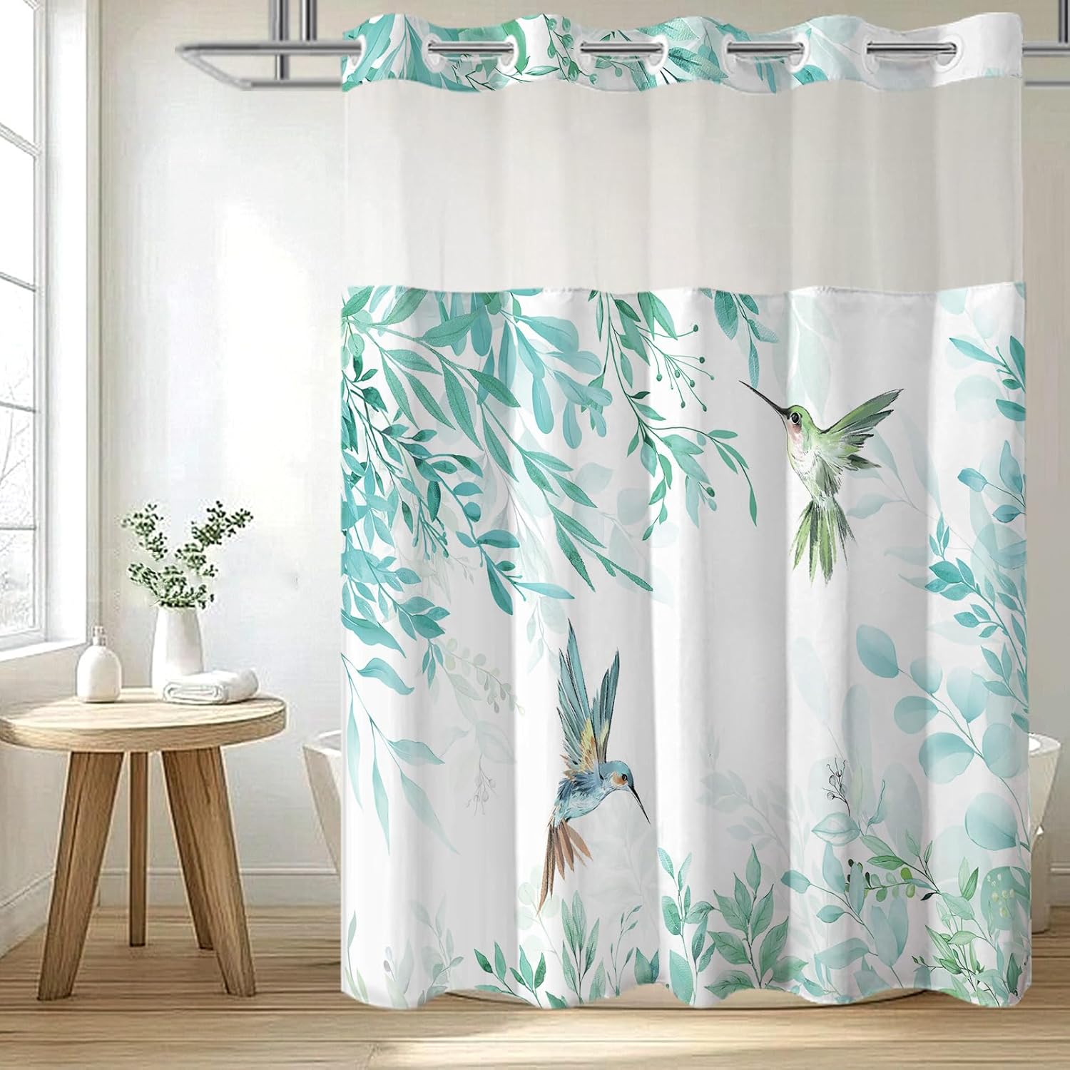 No Hook Shower Curtain with Snap in Liner Set, Grey Hummingbird Eucalyptus Design, Waterproof Fabric Floral Shower Curtains for Bathroom Decor with See Through Mesh Top Window 71x74 Inch