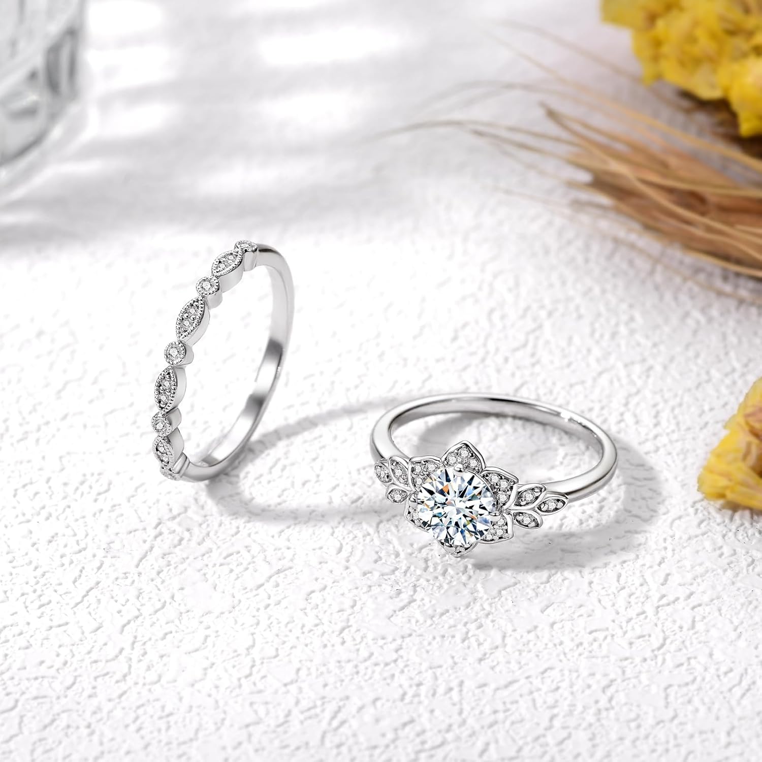 Round Shape Mossanite Wedding Ring Set for Women, 925 Sterling Silver 1 Carat Mossanite Flower Bridal Engagement Ring Set Jewelry Gift for Wife Her