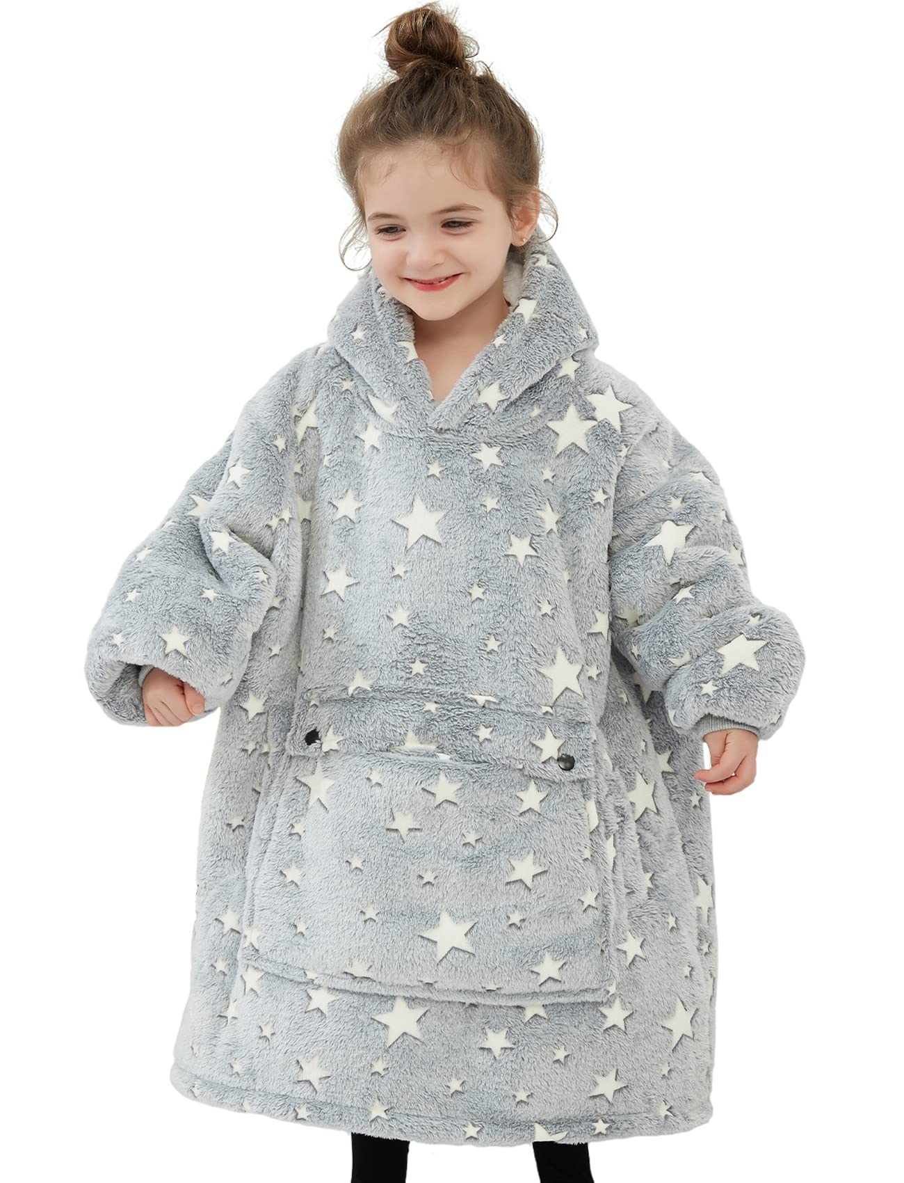 NOUKOW Wearable Blanket Hoodie for Toddlers Oversized Sherpa Blanket Sweatshirt Flannel Sweater Blanket 2-6 Years Old Girl Birthday Gifts Glow in the Dark Stars