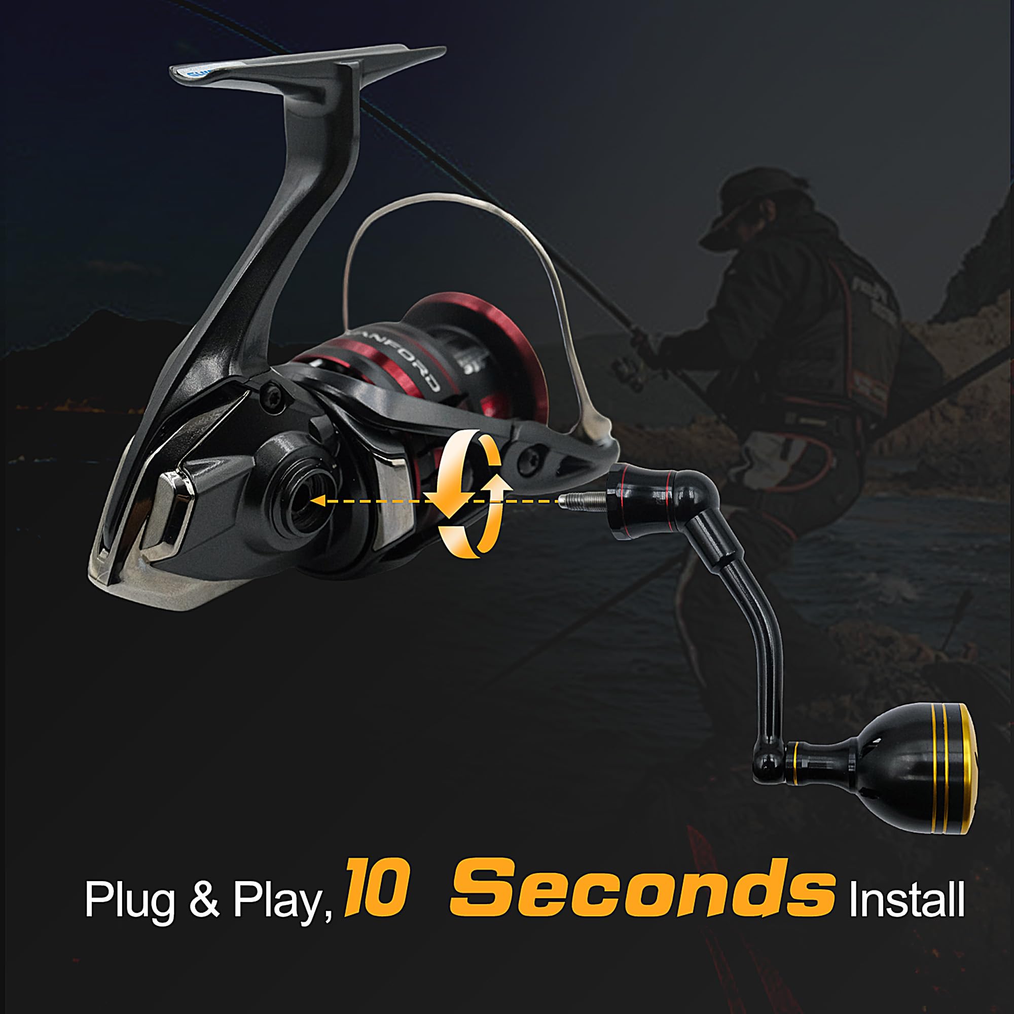 Mango de potencia de 63 mm compatible con Shimano Stradic FL/FM, Stella, Vanford, Vanquish, Nasci, reemplazo de carrete giratorio, mango de carrete de pesca dorado/negro