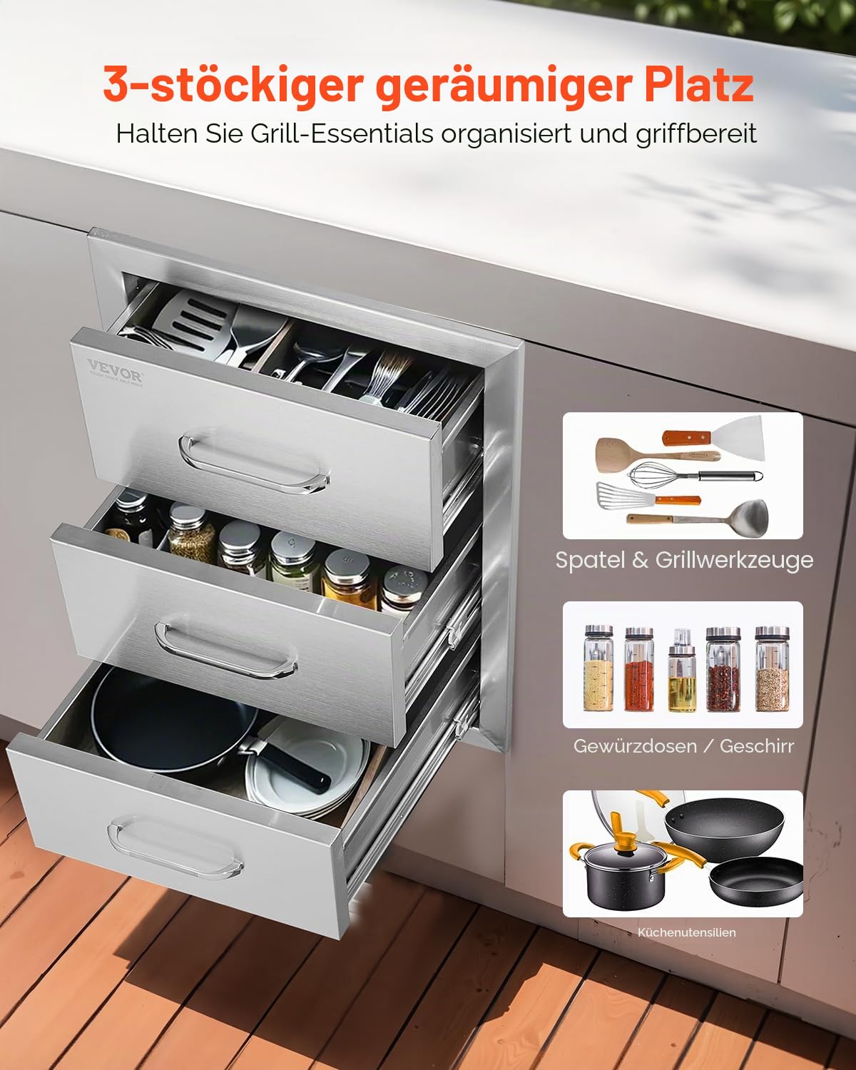 VEVOR Outdoor-Küchenschubladen flächenbündig montierte Grillschubladen mit dreifachem Zugriff und Edelstahlgriff, Grillinselschubladen für Außenküchen oder Grillinsel-Terrasse 400 x 450 x 450 mm
