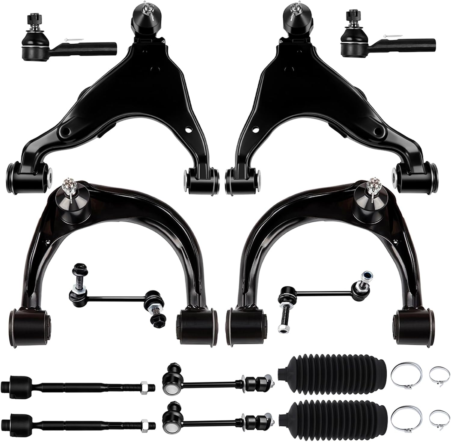 Front Lower and Upper Control Arm w/Ball Joint fit 2003-2009 for Toyota for 4Runner for Lexus GX470, Suspension Kit with Inner Outer Tie Rod End w/Steering Boot Sway Bar Link - 14pc Set