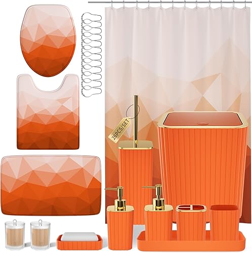 Vista 11 de Juego de baño – Juego de baño de 26 piezas con cortina de ducha y alfombras, juego de accesorios de baño, juego de accesorios de baño negro, bote