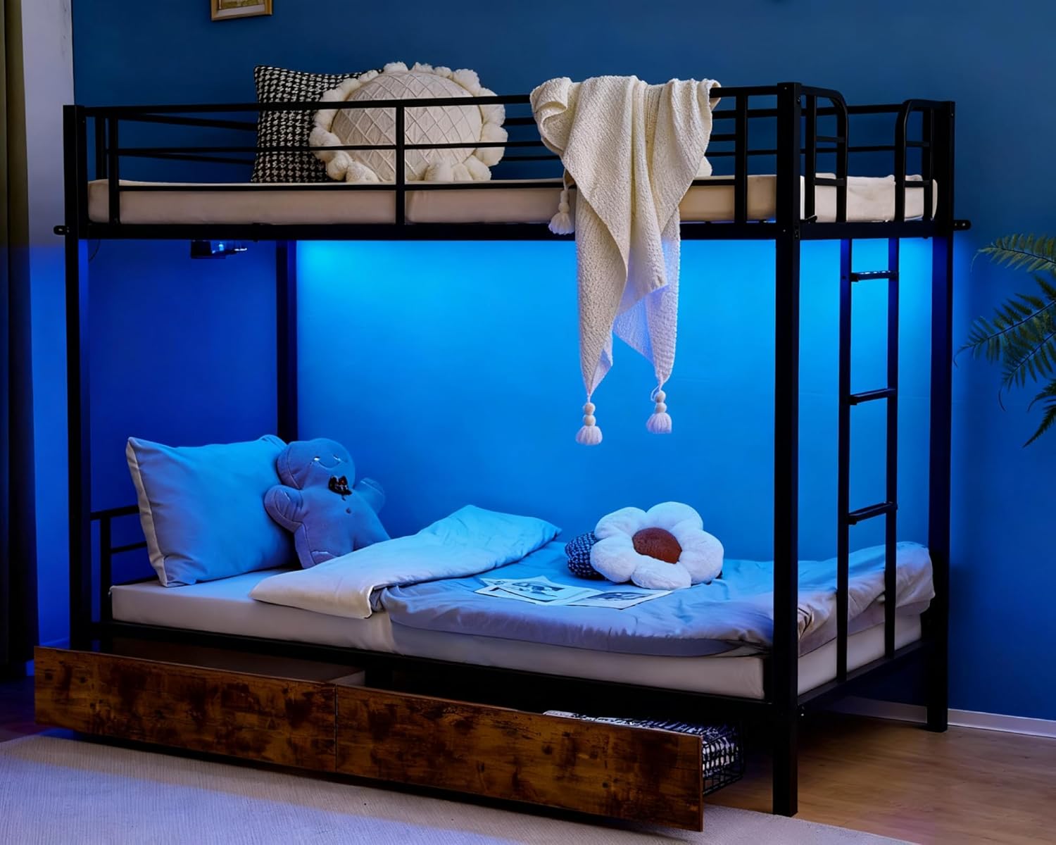 VINGLI Estructura de Cama Litera de Metal Individual sobre Individual con 2 cajones, luces LED, escalera antideslizante, barandilla de longitud