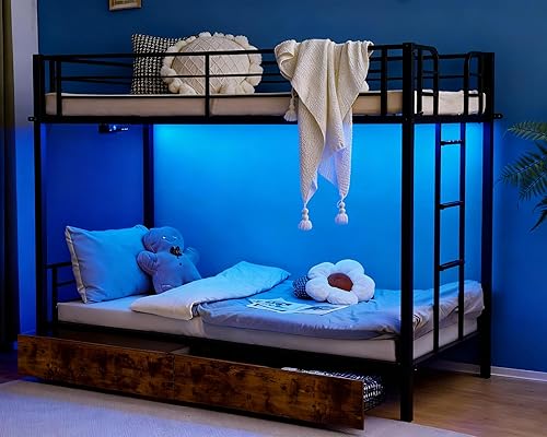 VINGLI Estructura de Cama Litera de Metal Individual sobre Individual con 2 cajones, luces LED, escalera antideslizante, barandilla de longitud