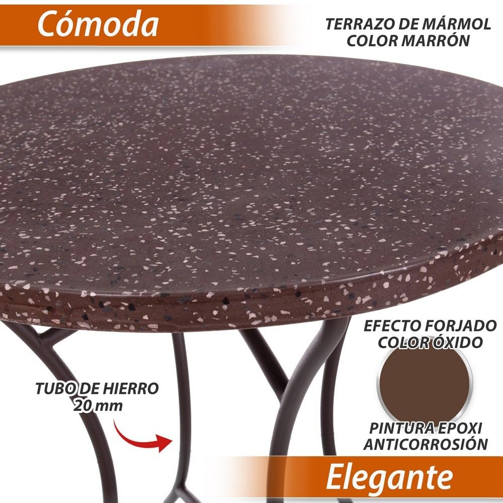 LOLAhome Mesa mármol y 2 sillas de jardín Cartago Marrón Oxido | Estilo Hierro Forjado | Mesa Ø60x72 cm | Sillas 56x61x90 cm Contract, Resistentes, Apilable y con Brazos | para Exterior | Cartago