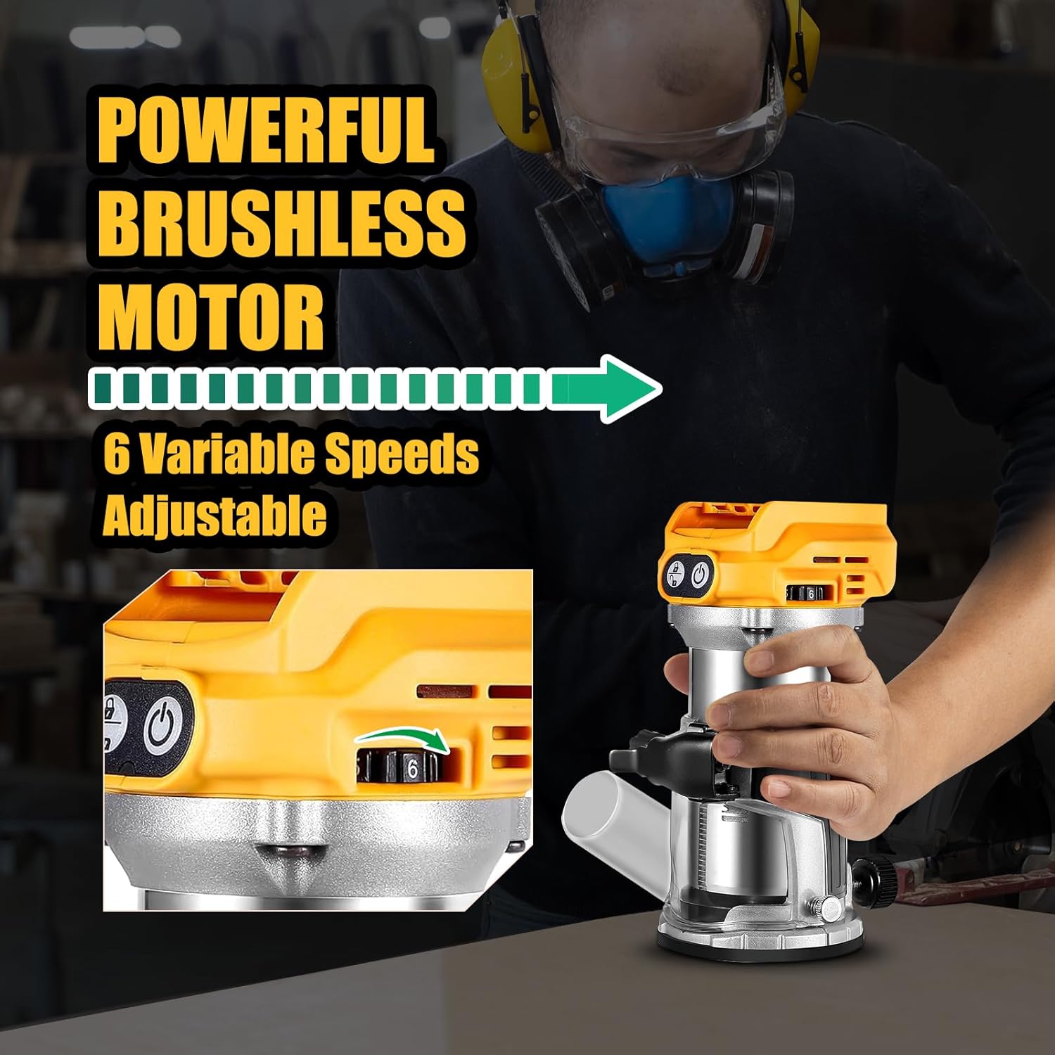 Cordless Compact Router compatible with Dewalt 20V Battery,6 Speeds 800W 30,000 RPM Brushless Router for Woodworking with Router Bits,Edge & Roller Guide,Dust Hood