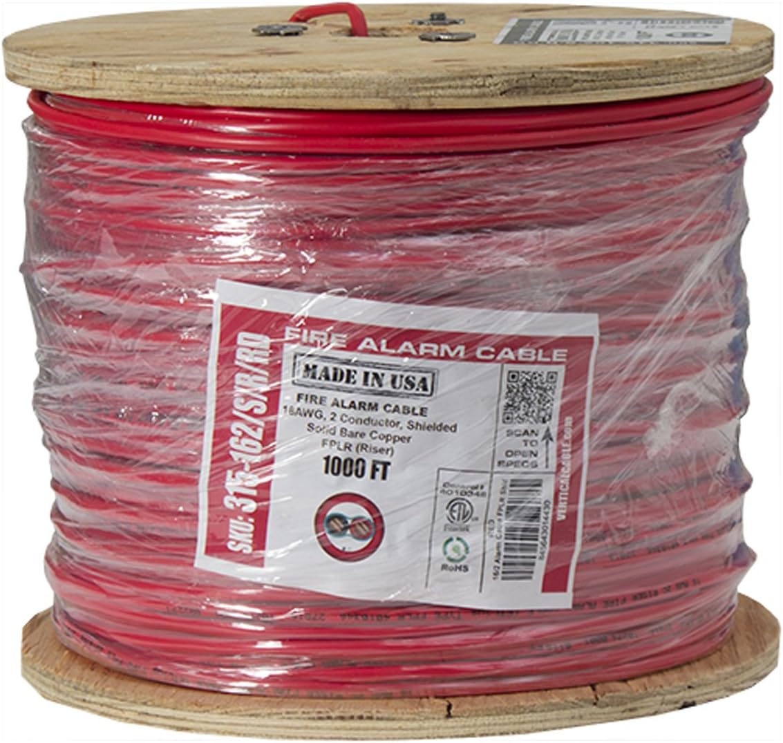 Vertical Cable Fire Alarm Cable, 16 AWG, 2 Conductor, Solid, Shielded, FPLR (Riser), 1000ft Spool, Red - Made in USA