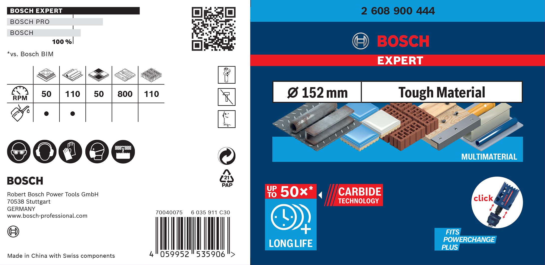 Bosch 1x Sega a tazza EXPERT Multi Material Power Change Plus (per Legno con metallo, Mattone, Ø 152 mm, Professional Accessorio Trapano)