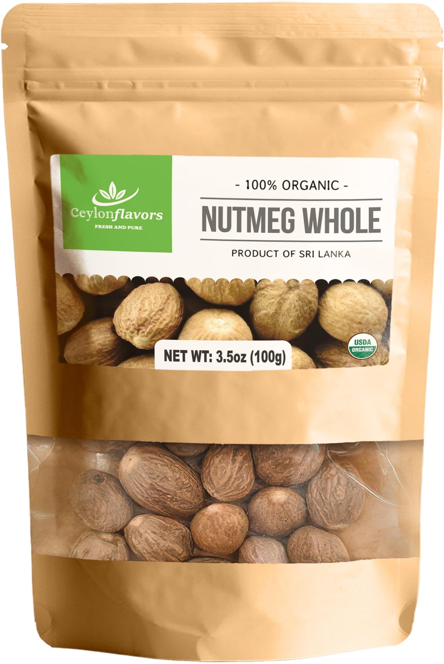 CEYLONFLAVORS FRESH AND PURE Organic Whole Nutmeg (3.5 oz), Premium Grade, Harvested & Packed from a USDA Certified Organic Farm in Sri Lanka (Stand up resealable Pouch)