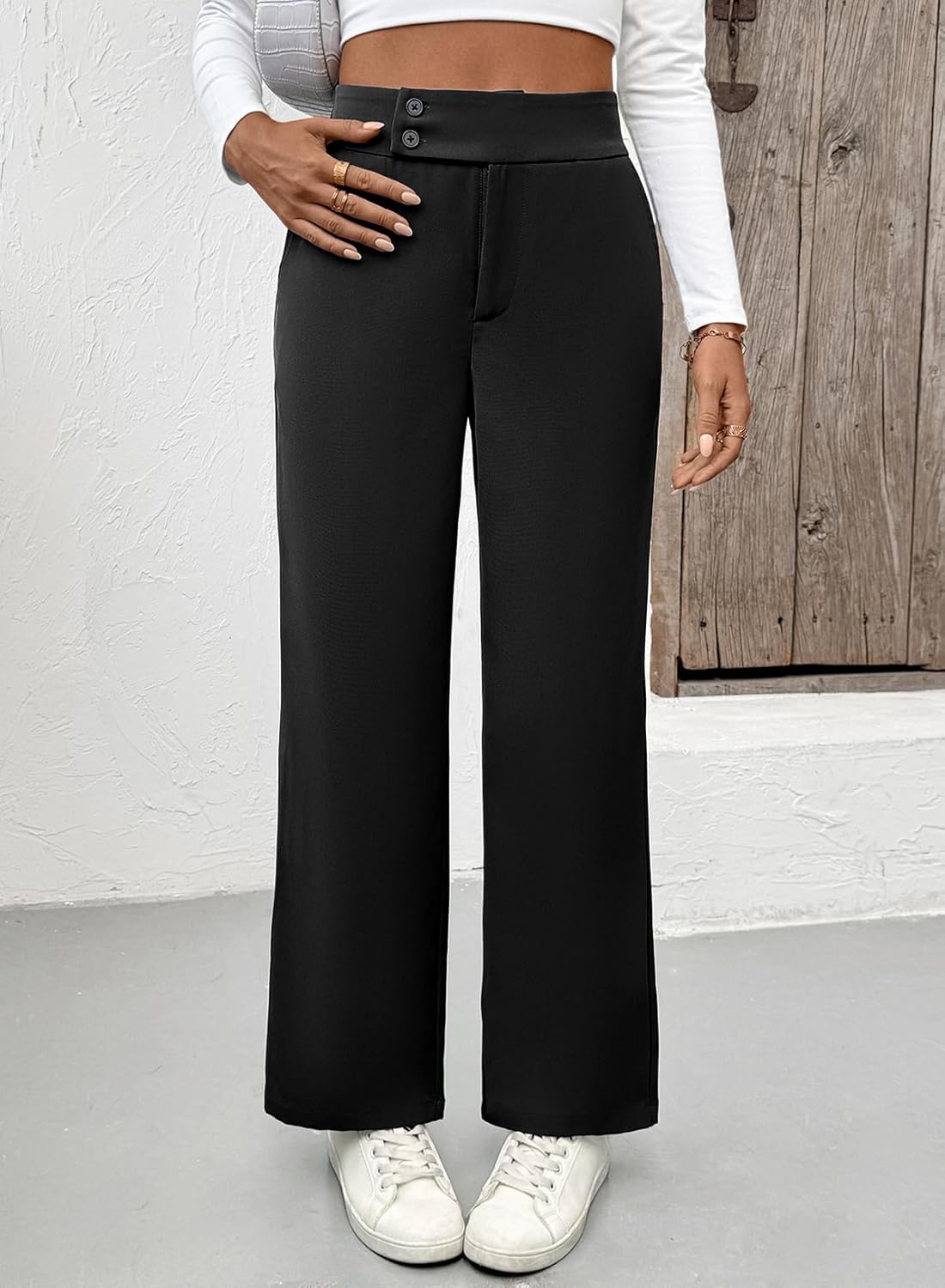 EVALESS Women's Elastic High Waist Straight Leg Pants Business Casual Work Pants Fall Button Down Office Outfits Trousers - Image 3