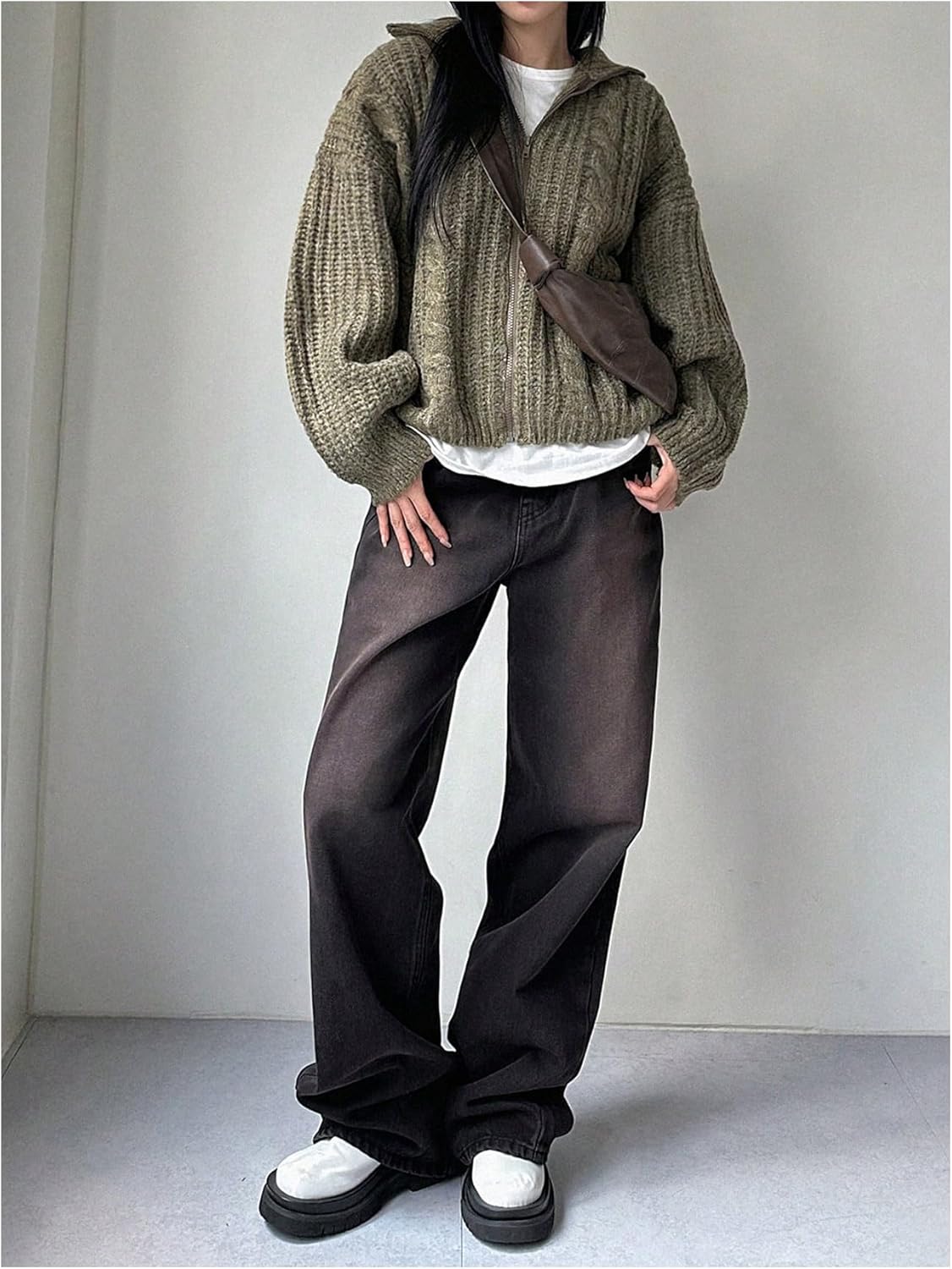 OYOANGLE Women's Zip Up Cable Knit Cardigan Sweater Long Sleeve Oversized Knitwear Tops - Image 5