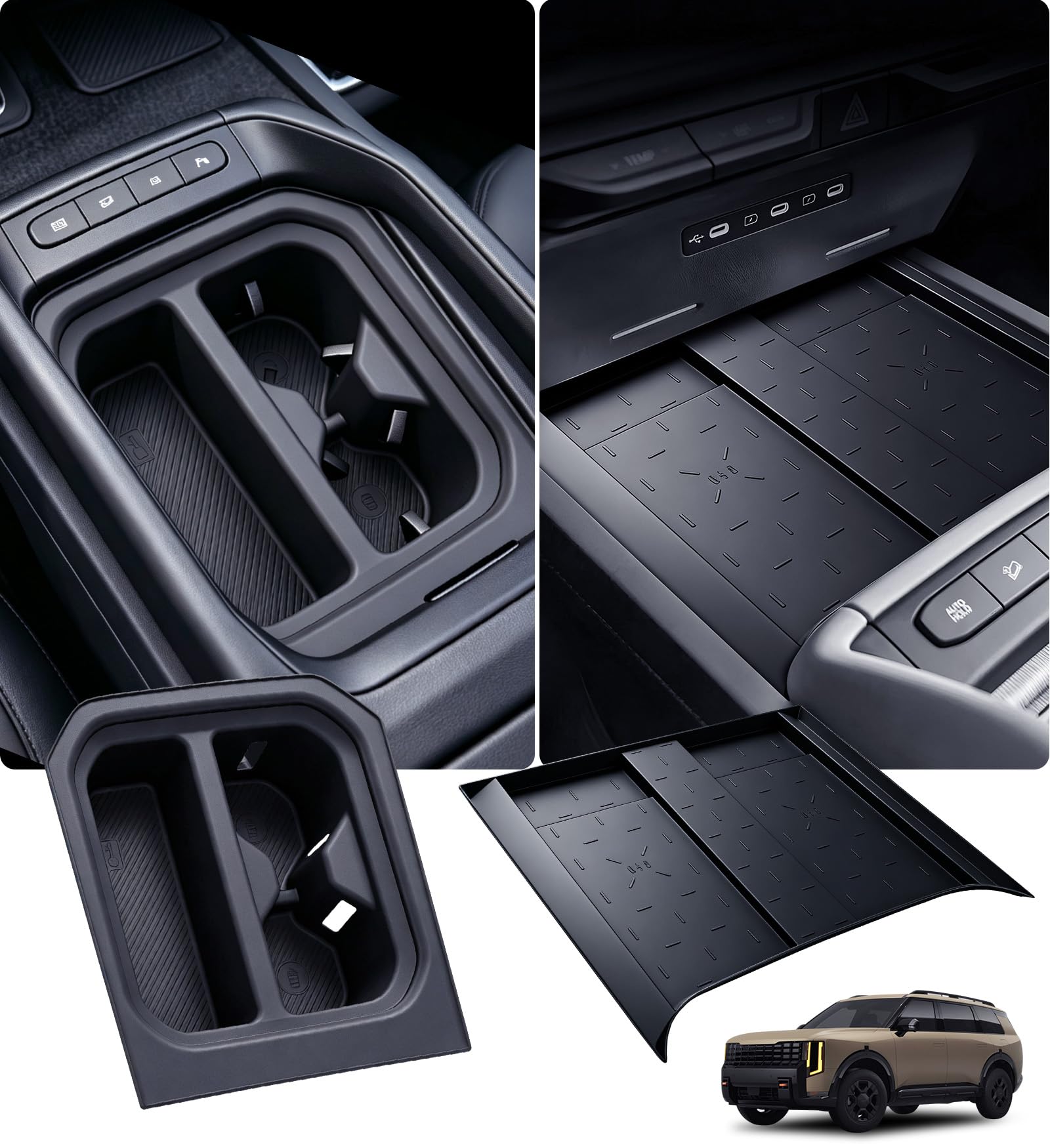 Cup Holder Inserts &amp; Wireless Charging Protective Mat for KIA Telluride 2027+ (Only for S/LX/EX/SX/X-Line EX/X-Line SX/X-Pro SX) Interior Accessories Cup Holders Charger Pad Covers Protector