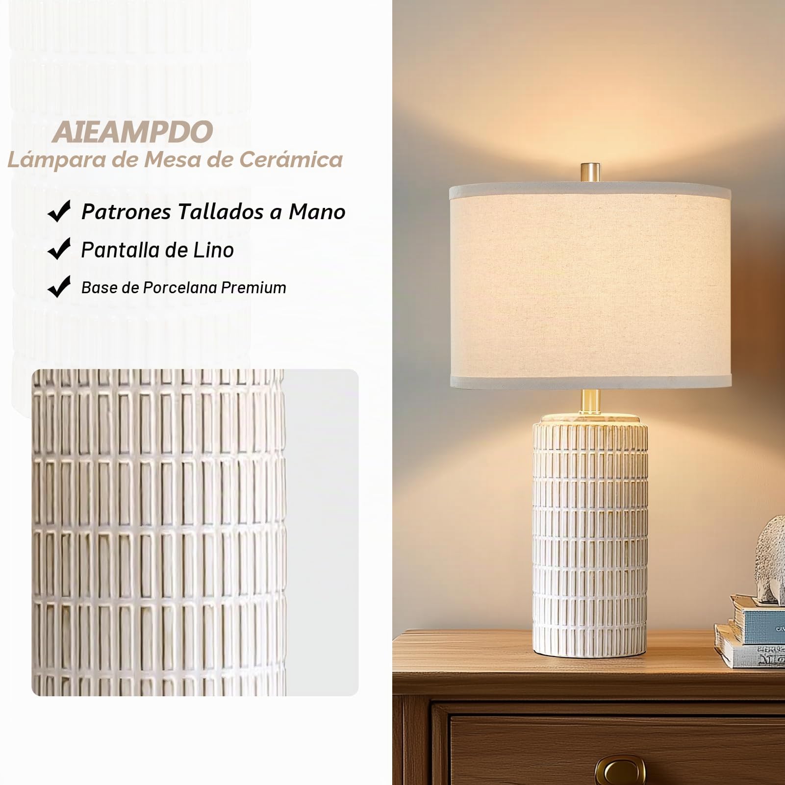 AIEAMPDO Juego de 2 modernas lámparas de mesa de cerámica de 23 pulgadas para sala de estar, dormitorio, mesita de noche, lámpara de escritorio beige y blanca para mesita de noche, entrada, 2