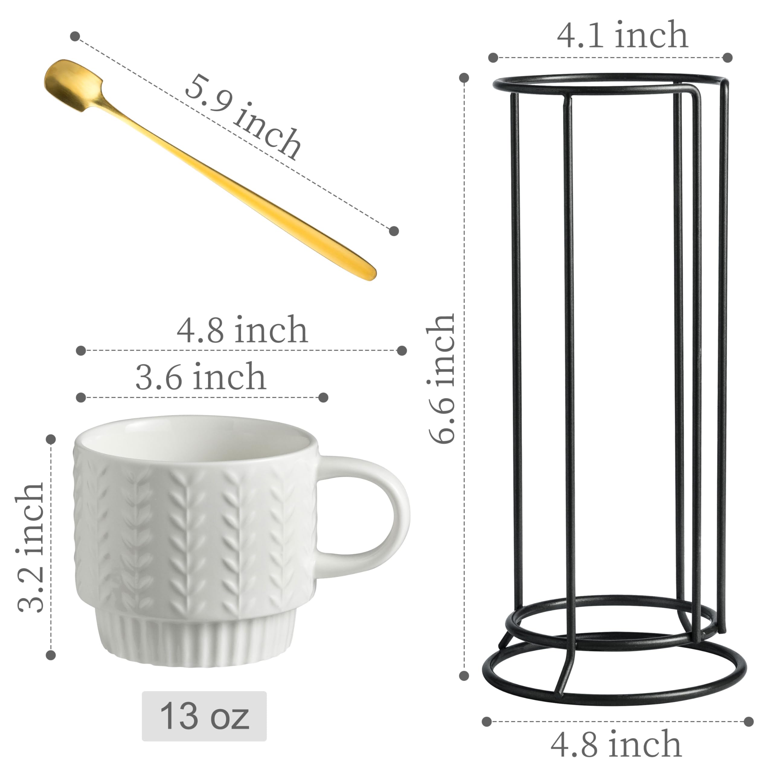 Miamolo Tazas de café apilables, juego de 4 tazas de café con cucharas y soporte, tazas de espresso de 13 onzas para bebidas, té con leche, capuchino, taza de café para regalo de cumpleaños de