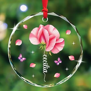 Sweet Pea Floral Christmas Tree Glass Ornament, Personalized Flower Nature Lover Xmas Keepsake, Flower Sweet Pea Glass Ornaments Gift for Mom Girl Daughter, Custom Name Floral Ornament Christmas 2025