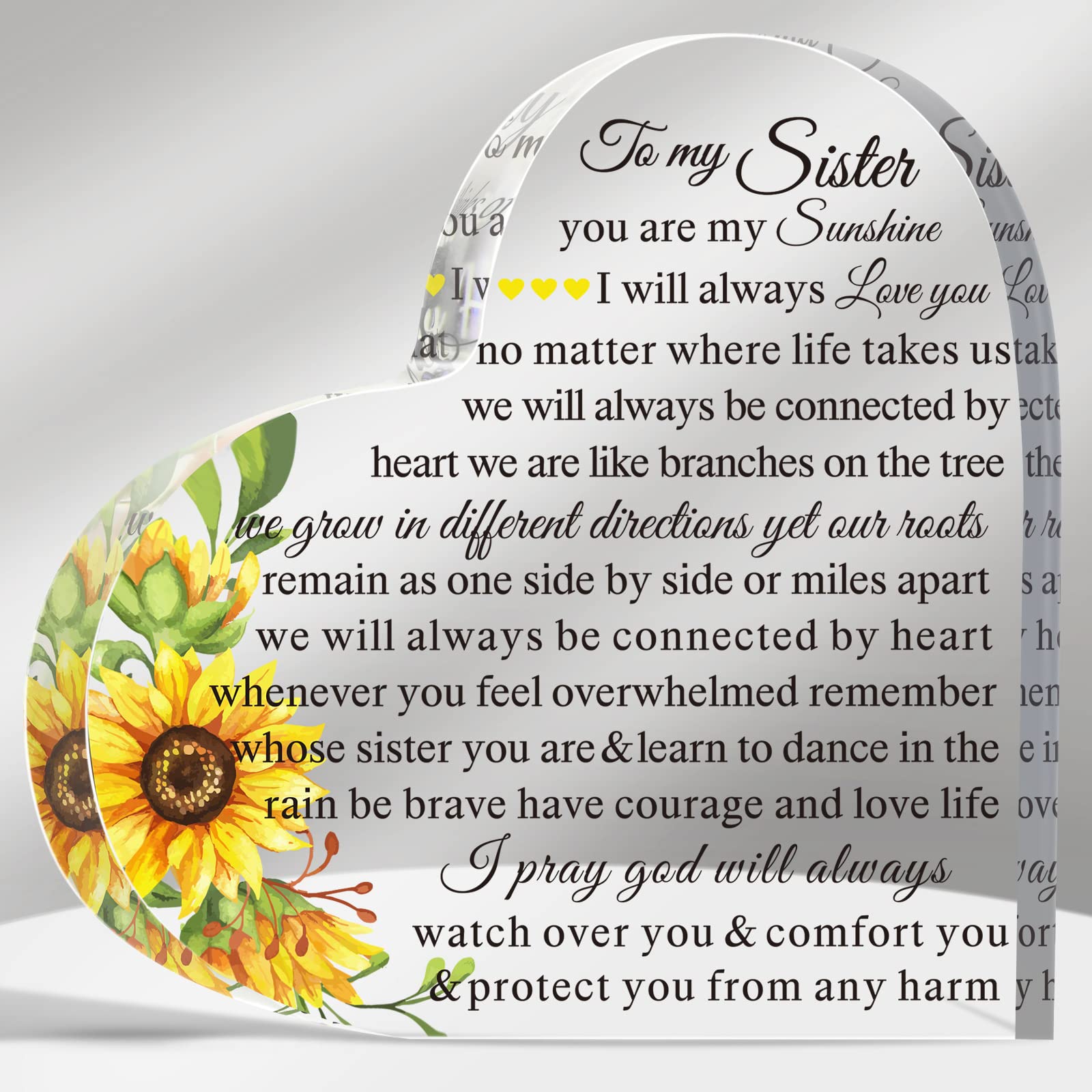 Sisters Gifts from Sister Acrylic Heart Keepsake Plaque for Sister Side by Side or Miles Apart Gift Sister in Law Gifts Inspiring Paperweight Gift Sister Gift for Birthday Wedding (Heart)