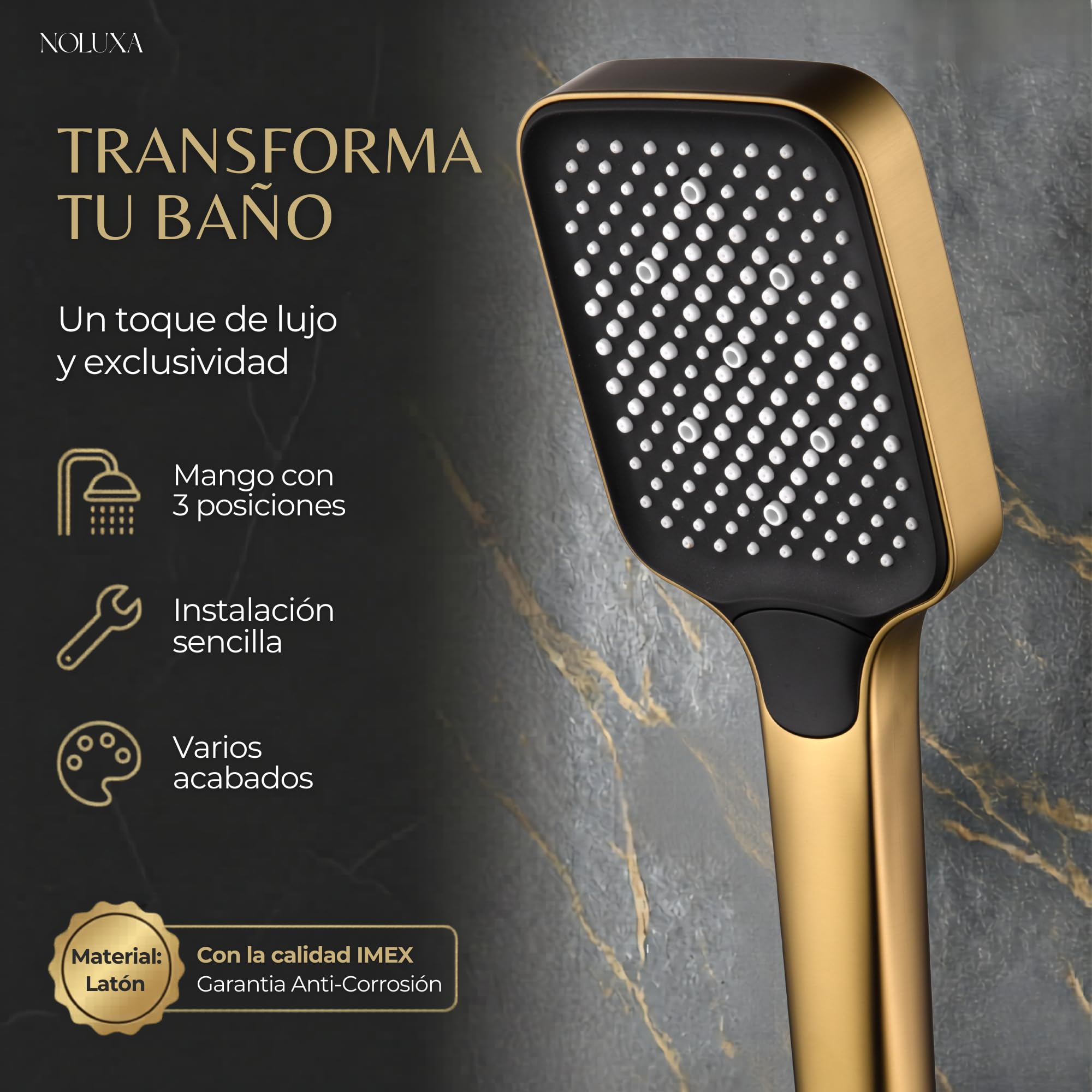 IMEX - Alcachofa de Ducha Alta Presión Dorado | Alcachofa Ducha Antical Efecto Lluvia | Recambio Original Producto IMEX | Mango Ergonómico con 3 Posiciones | Resistente a Humedad y Corrosión