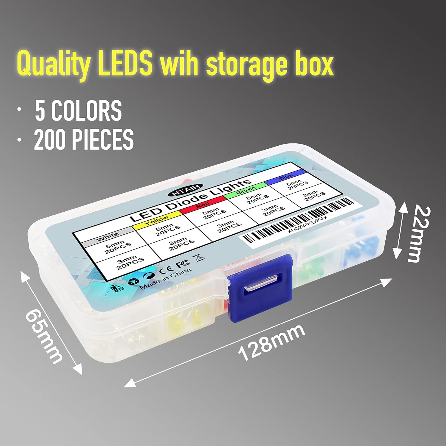 200 Pcs LED Light Emitting Diode Assortment Kit, 3mm 5mm Low Voltage Diffused Diode Round Assorted Color White/Red/Yellow/Green/Blue DIY Kit Box