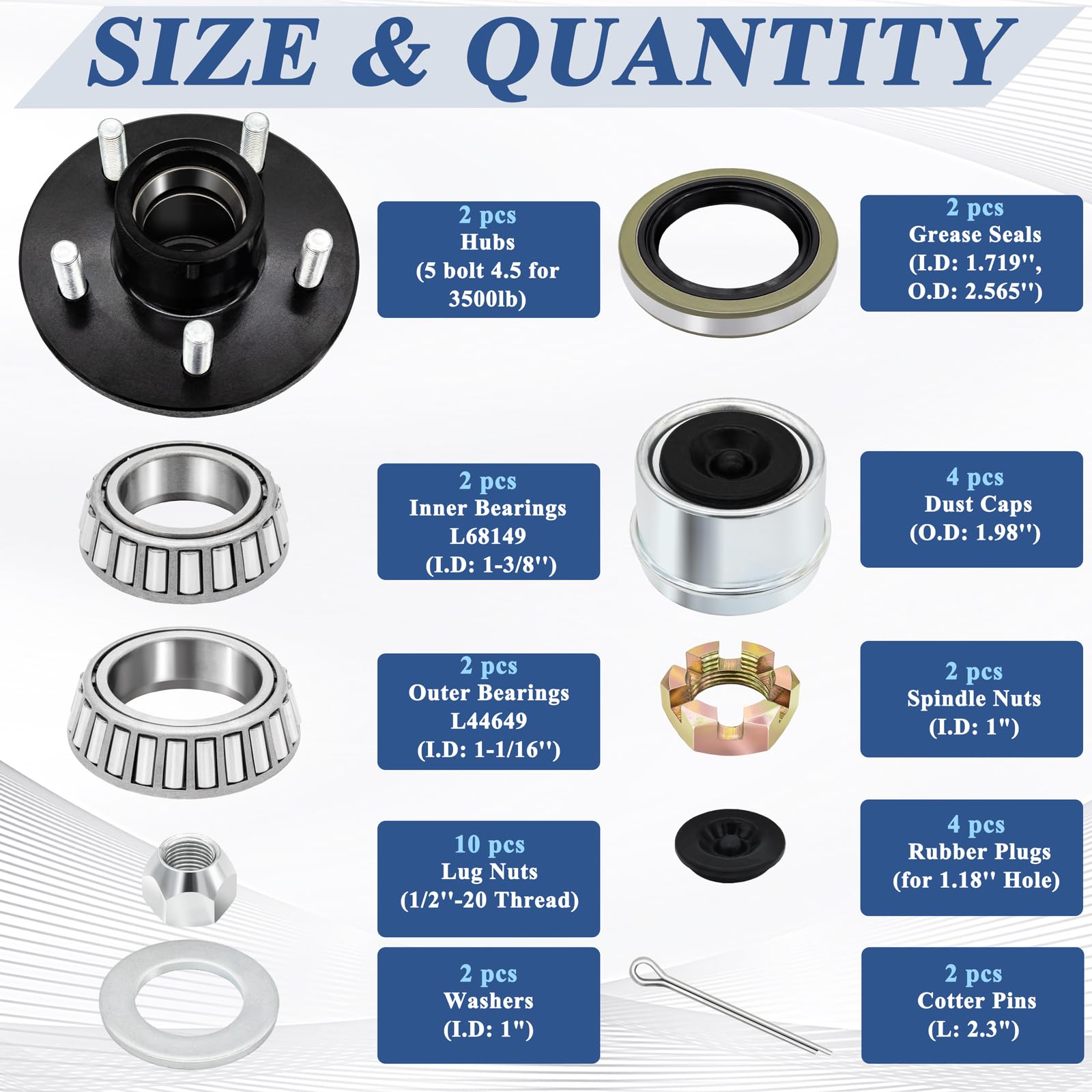 2 Sets Trailer Hub Kit 5 Bolt 4.5 for 3500 lb Trailer Axle, Including L44649 L68149 Bearing, Grease Seal, Dust Cap and Rubber Plug, Lug Nuts Fits for 1-1/16'' to 1-3/8