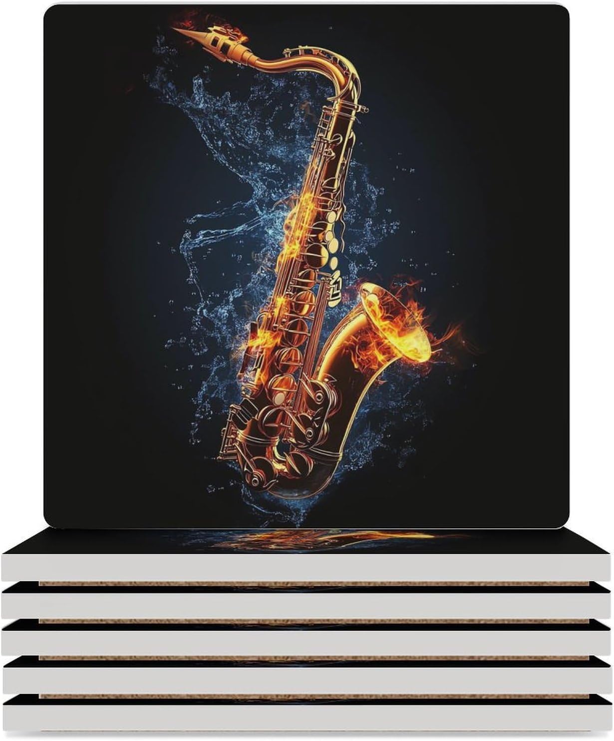 Saxophone Water Fire Ceramic Coasters Set Square Drink Coasters Table Coaster for Kitchen Desktop Decor