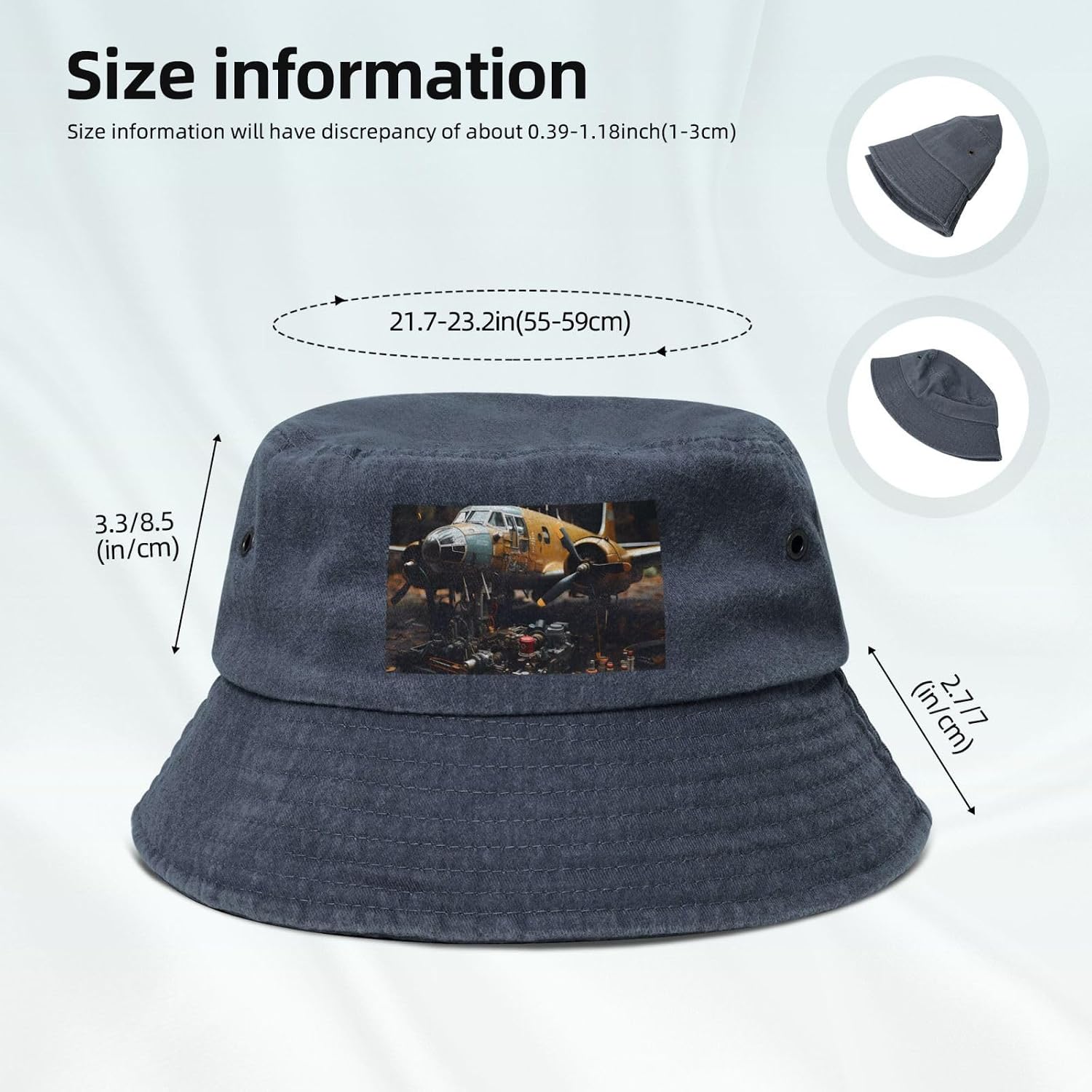 Vintage Aircraft Machinery Printed Cowboy Fisherman hat, Suitable for Outdoor Fishing Beach Party Fisherman hat Hip-hop hat, Navy Blue