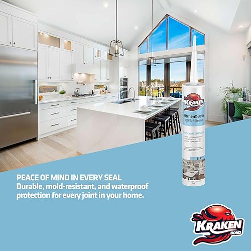 Miniatura 5 de Kraken Bond Calafateo de silicona 100% blanca, impermeable y sellador de bajo olor para cocina y baño, bañera, ducha, fregadero, calafateo