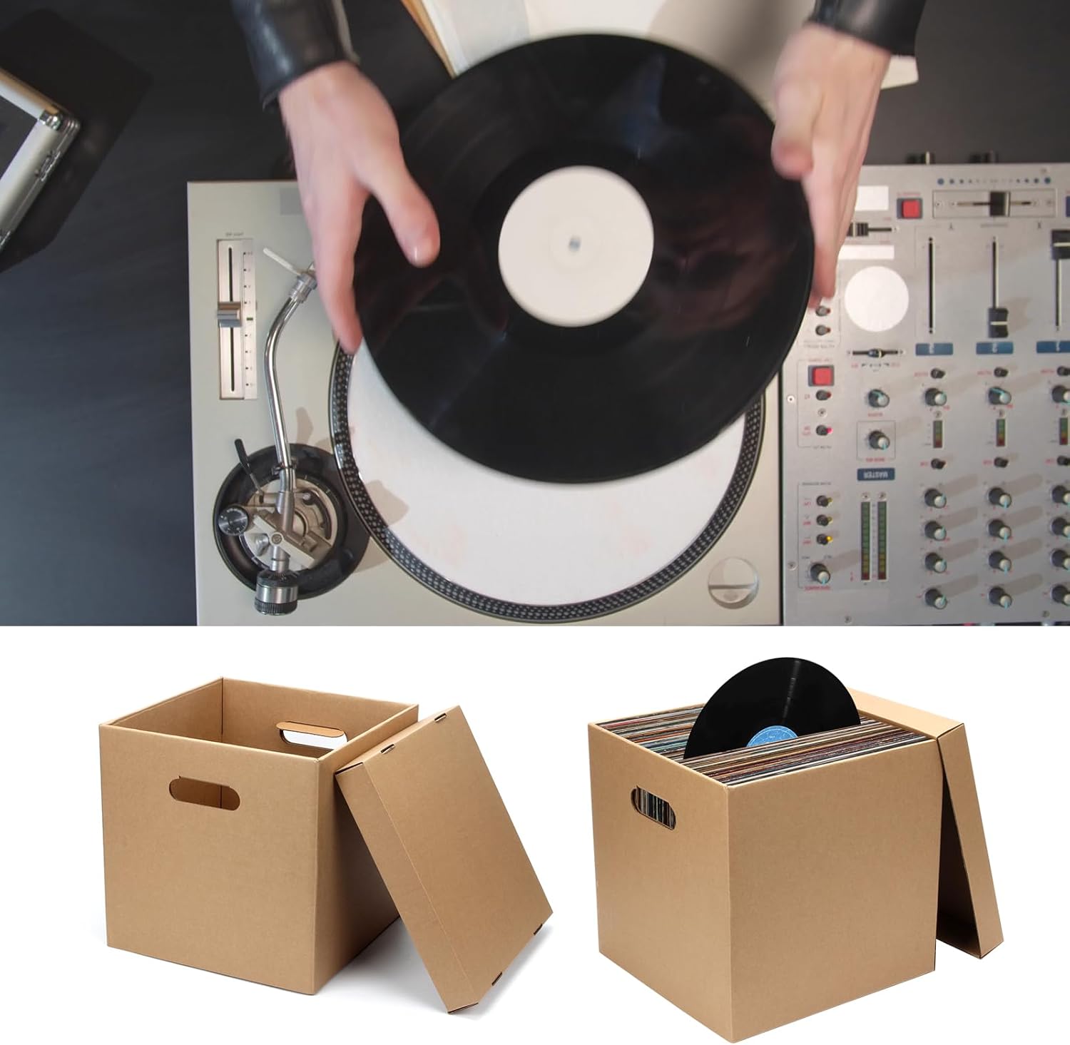 10 Pcs Cardboard Vinyl Record Storage Box, Stackable Moving Box with Handles and Lids, Sturdy Cardboard Crate Vinyl ​Record Crate for Storing Album Document File Folder Organizer
