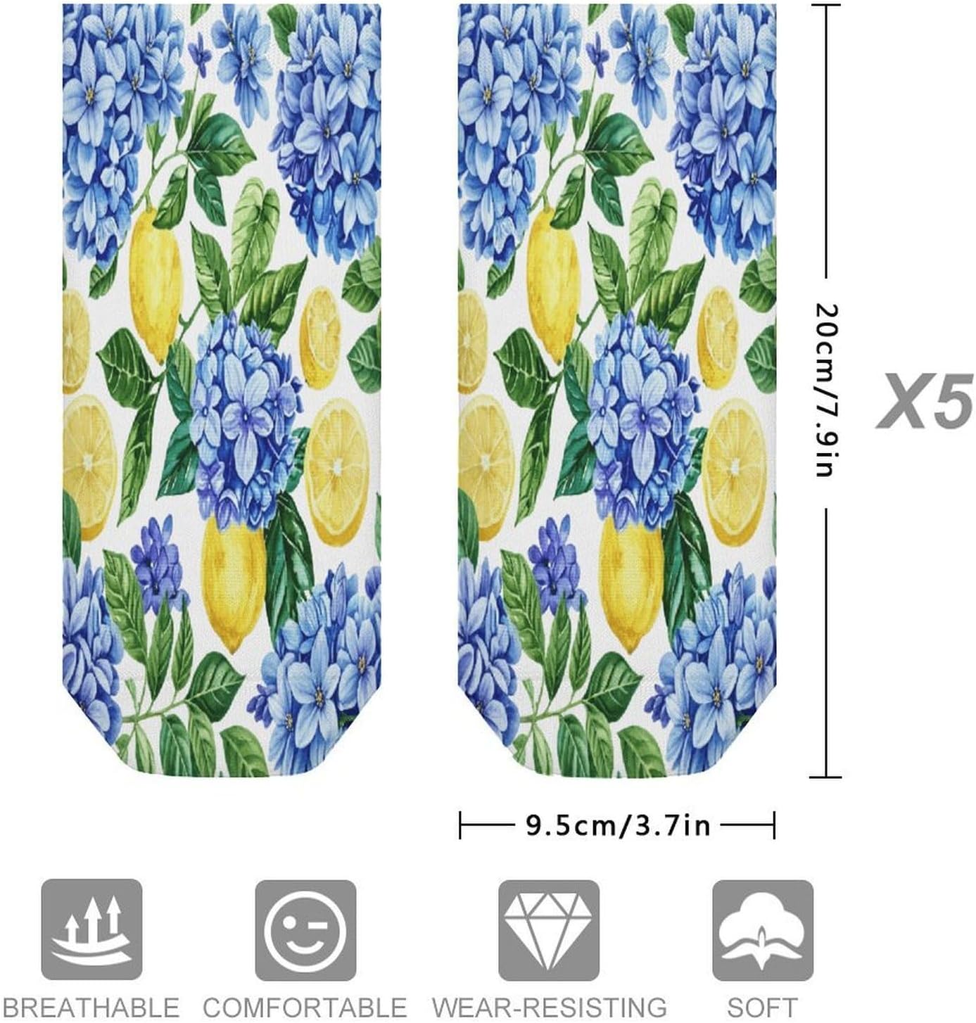 Hydrangea Lemon 5Pairs Low Cut Ankle Socks for Women No Show Casual Breathable Athletic Socks for Sport
