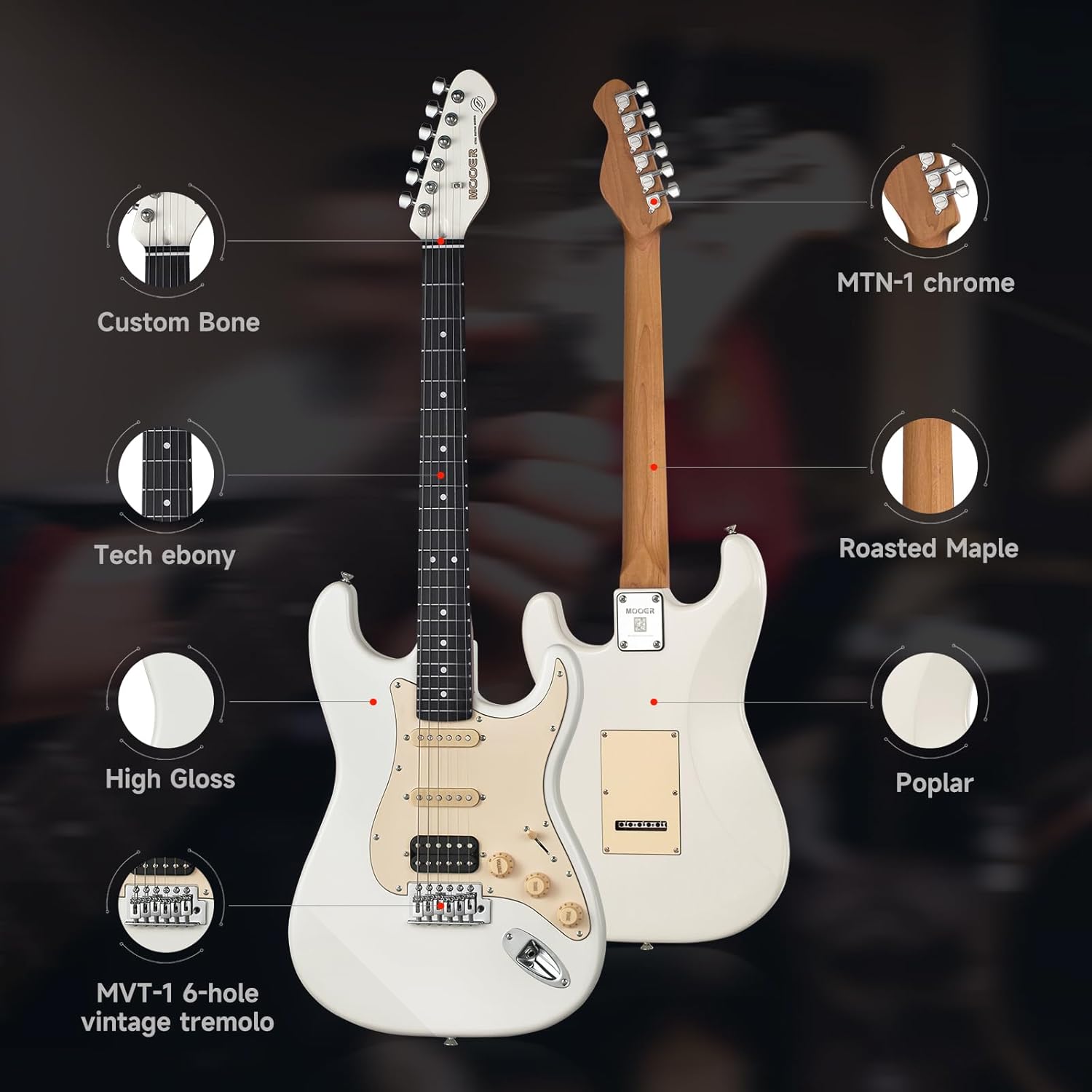 MOOER Electric Guitar White Beginner Practice Guitar Kit, HSS Pickup, Solid Poplar Body, Roasted Maple Neck, with Gig Bag, Guitar Cable, MSC10 Pro Series