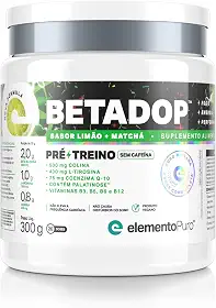 Pré-treino sem Cafeína BETADOP 300g com Vitaminas/Coenzima Q10 Sabor Limão com Matchá elementoPuro