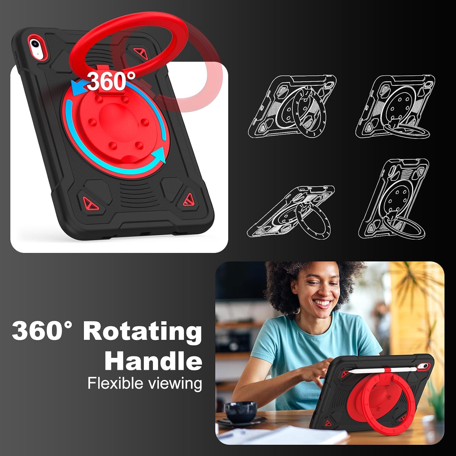 for iPad A16 Case 11th Generation 11 inch 2025 /iPad 10th Generation Case for Kids 10.9" 2022 with Screen Protector/ 360° Rotating Stand/Shoulder Strap/Pencil Holder Rugged Cover (Black Red) - Image 5