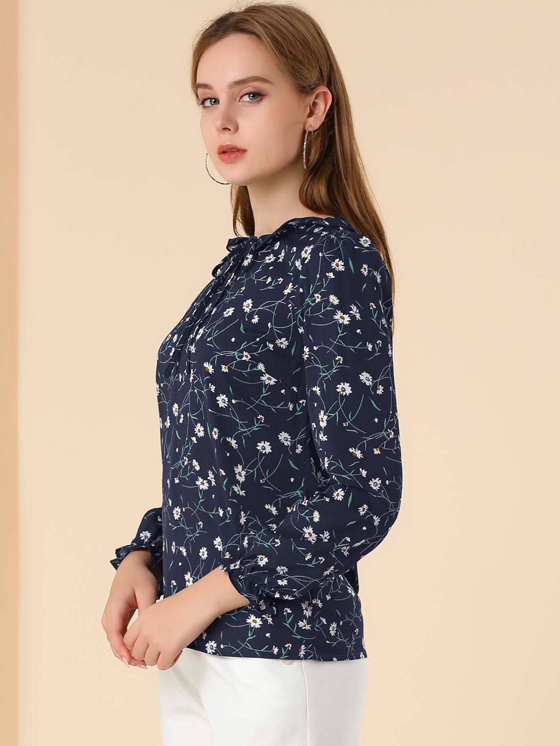 Allegra K Women's Ruffed Neck Long Sleeve Tie Neck Keyhole Front Chiffon Floral Blouse - Image 4