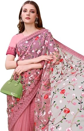 Jaanvi fashion Women's Floral Embroidered Net Saree With Unstitched Blouse Piece
