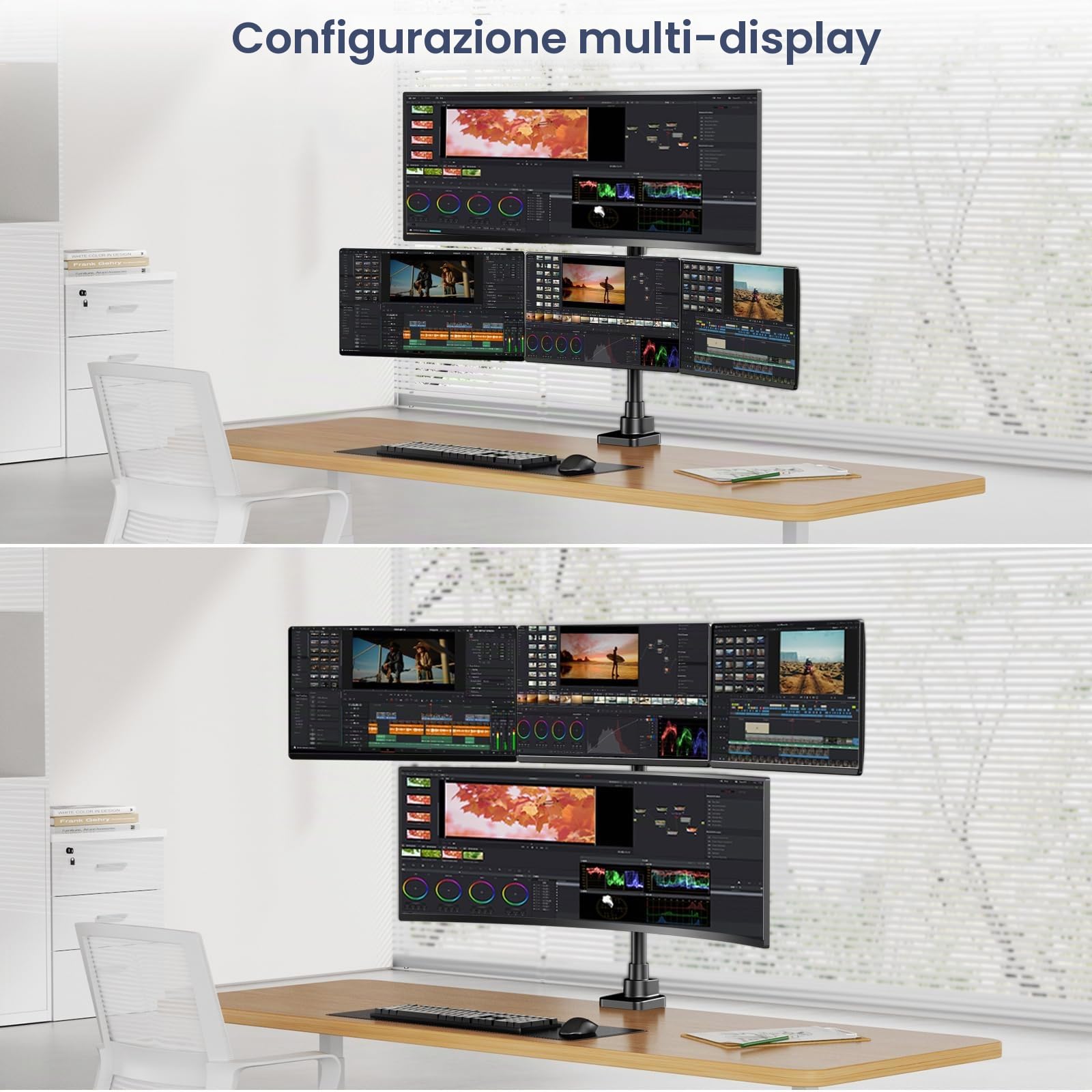 Supporto per Monitor 4 Schermi fino a 49 Pollici Ultra-Wide & 3x 27 Pollici su Bracci Inferiori, Regolabile in Altezza, VESA 75/100, Nero