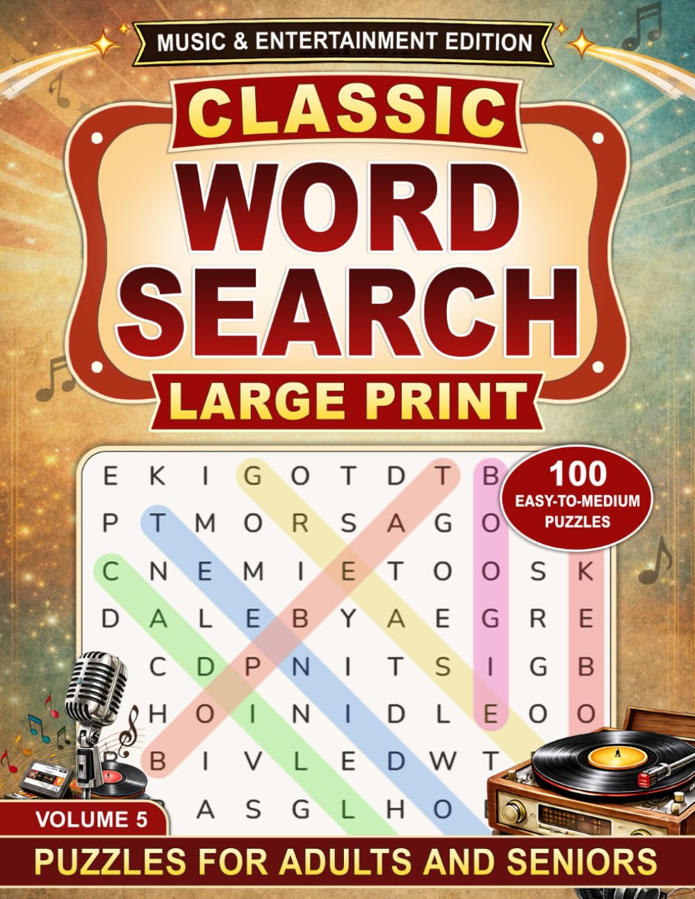 Classic Word Search: Large Print Puzzles for Adults & Seniors: Music & Entertainment Edition